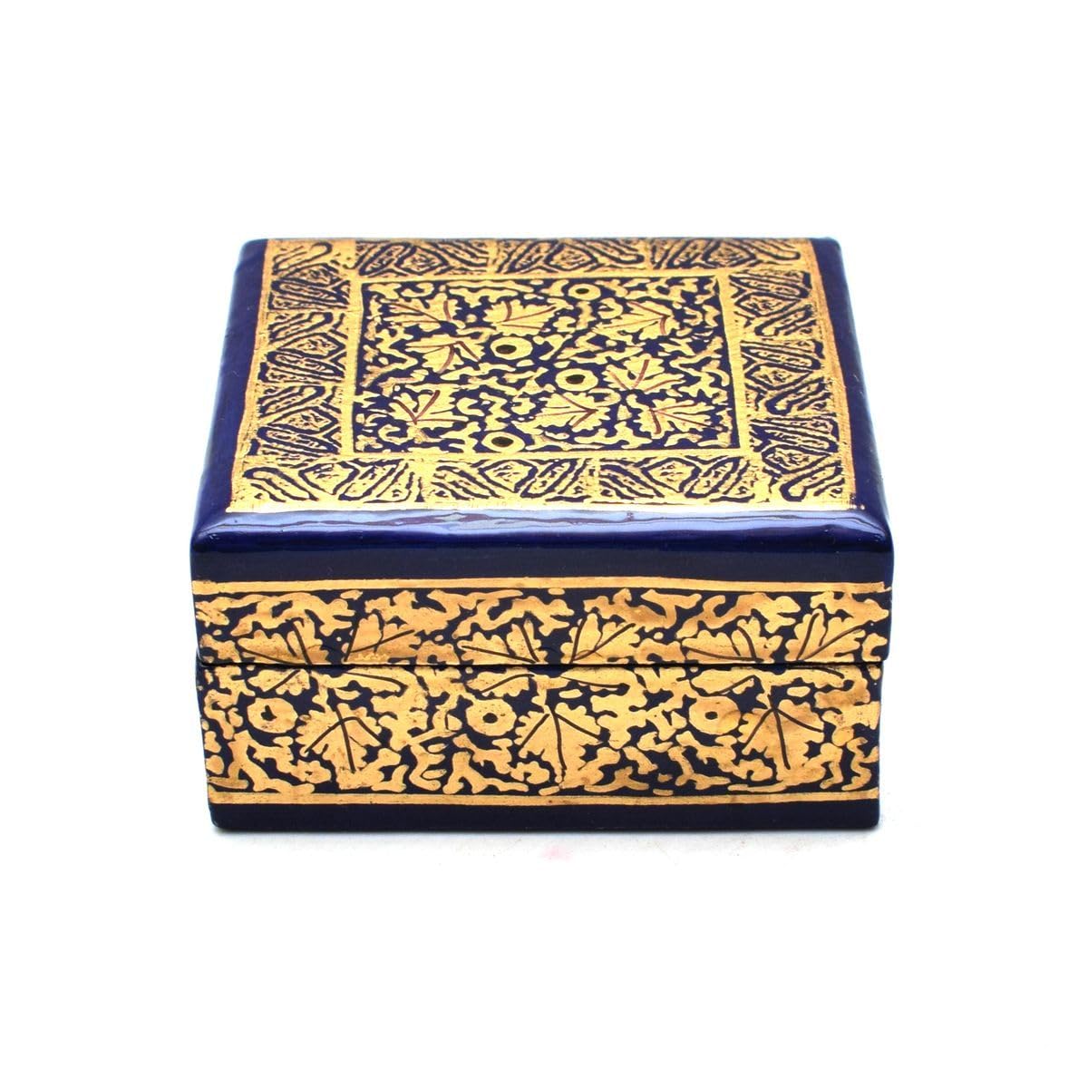 Tarang Arts Handcrafted Kashmiri Papier Mache Square Decorative Box, Blue and Gold, Floral Design, 1×3×3 inches