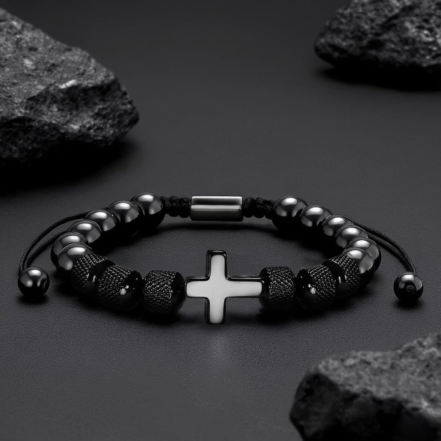 Cross Bracelet for Men, Adjustable Beaded Obsidian Bracelet Healing Christian Religious Crystal Confirmation Jewelry Gifts for son Grandson - Image 2