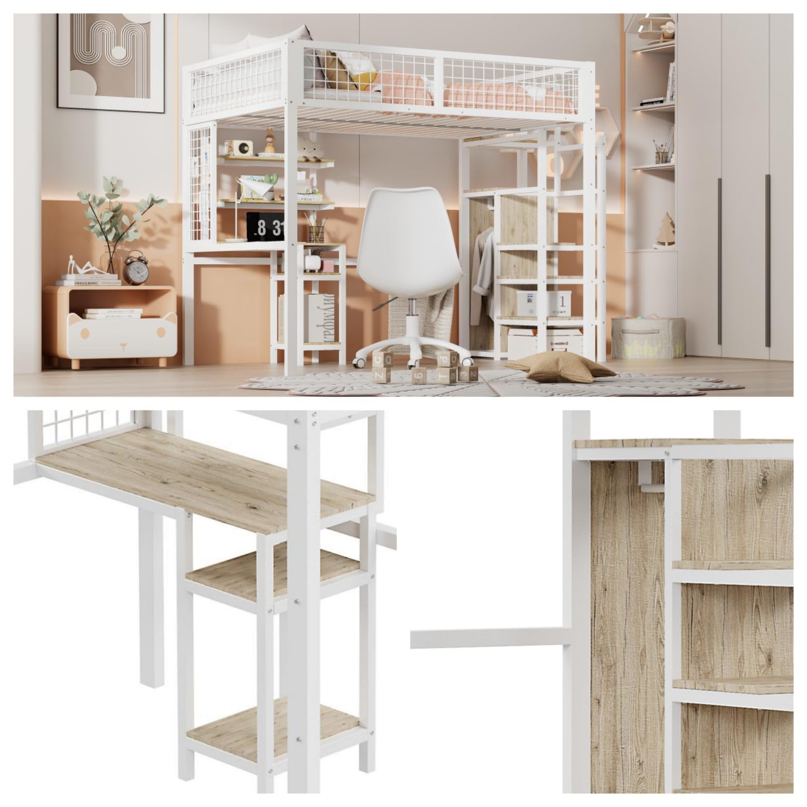 KOMHTOM Multifonctionnel Lit Mezzanine Avec Bureau Et échelle, Lit En Fer Avec 2 Tiroirs De Rangement Et étagères(sans Matelas) (Noir, 140x200cm