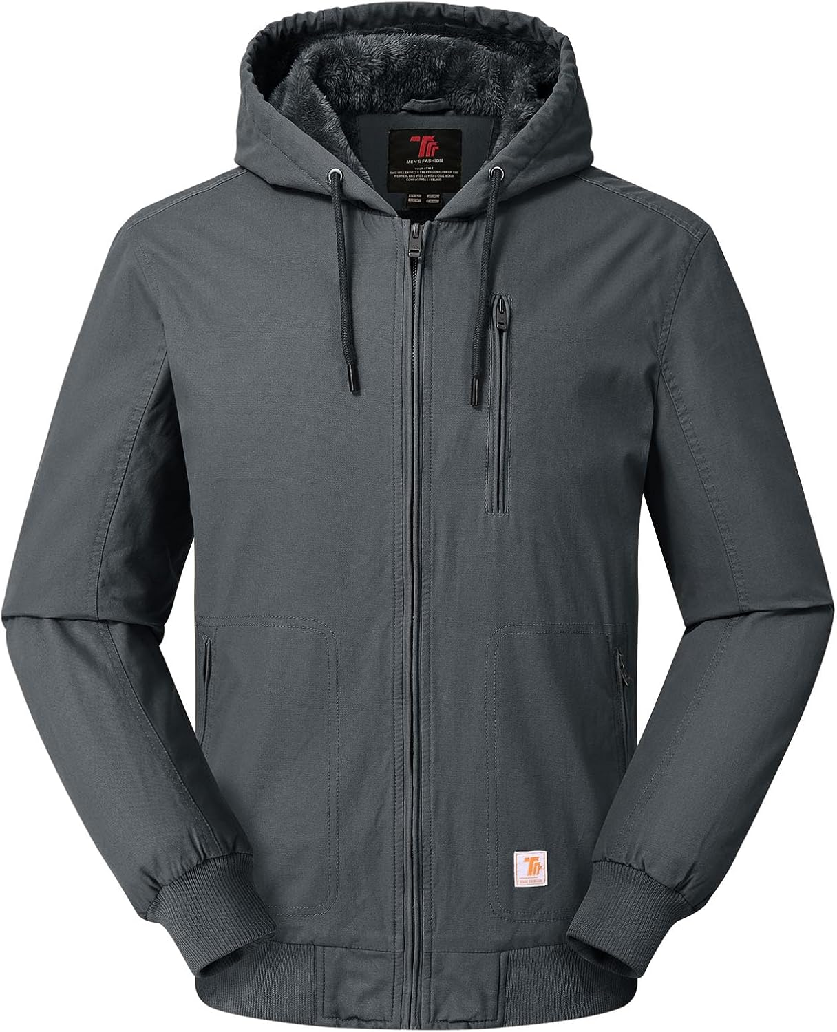 Rdruko Men's Work Jackets Flannel Lined Insulated Cotton Workwear Hooded Winter Coats(Iron Gray, US XL)