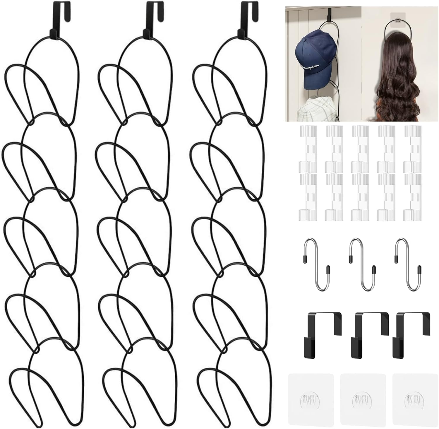 linfidite 15 pack hat rack hanger holder organizer closet hanging baseball cap display storage rack for scarves handbags towels clothes ties over door wall mounted w hanging hook black round ring 15pcs black