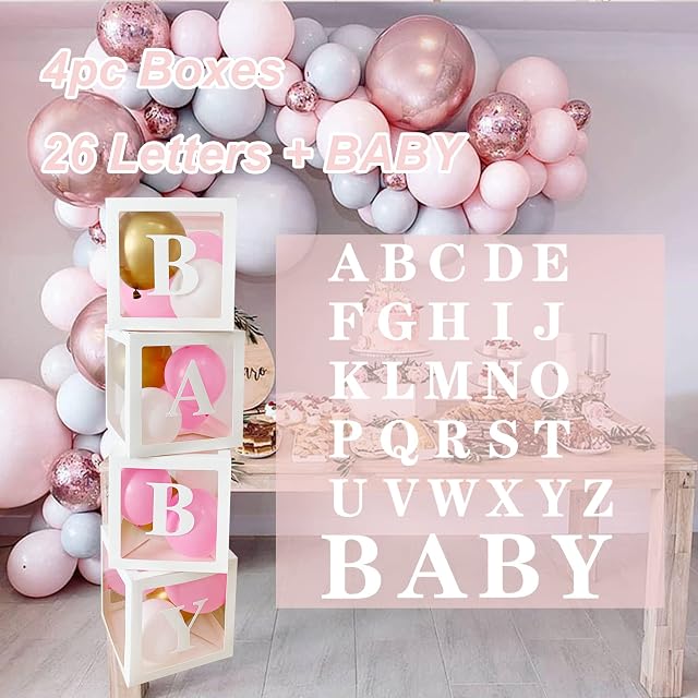 DIY Birthday Party Boxes Decorations Kit 4Pcs White Transparent Balloon Boxes with A - Z Letters, Baby Shower Decorations Box for Girl Boy for Theme Party Supplies Decoration/Birthday/Baby Shower