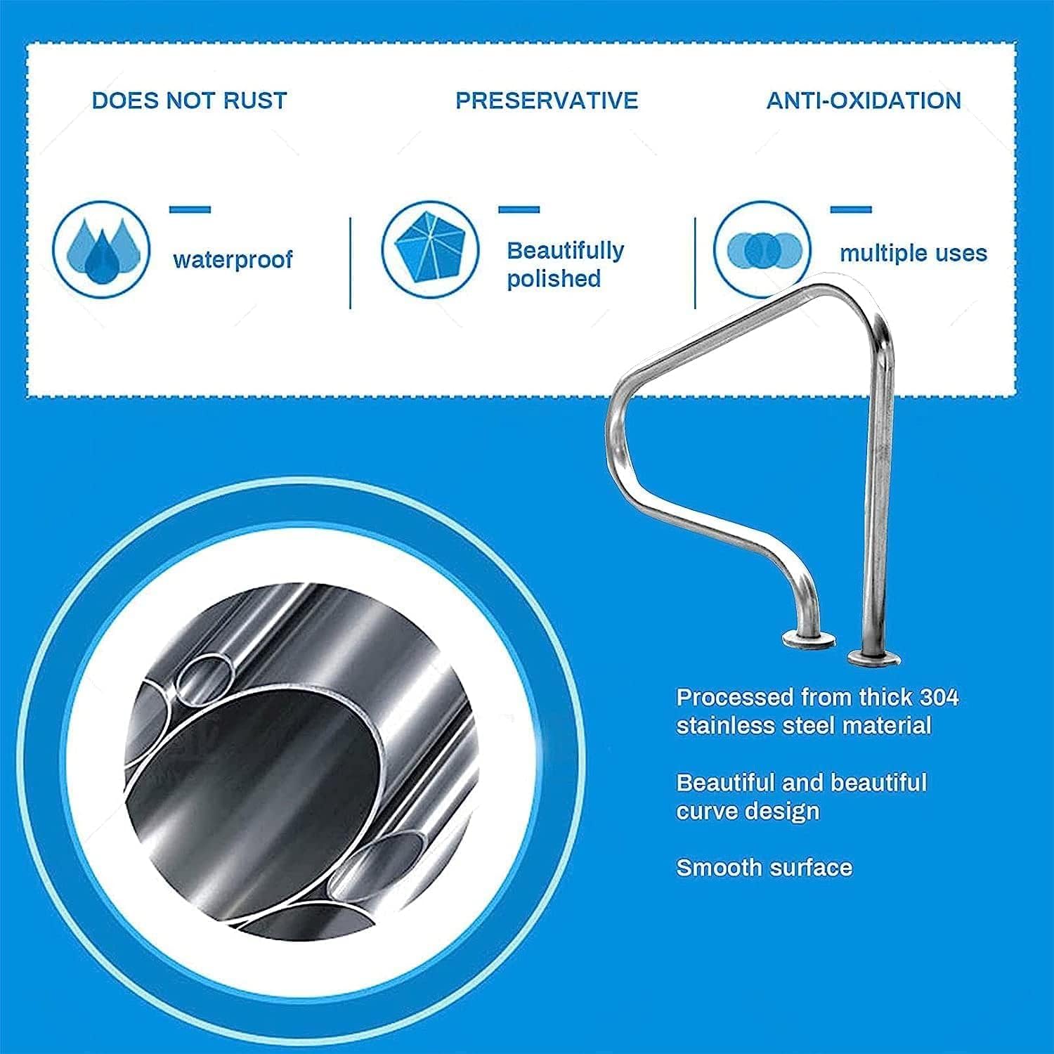 Swimming Pool Hand Rail 304 Stainless Steel Decking Railings Silver Rustproof Safety Handle Humanized Ladder Step Handrail | Easy to Install(1PCS)