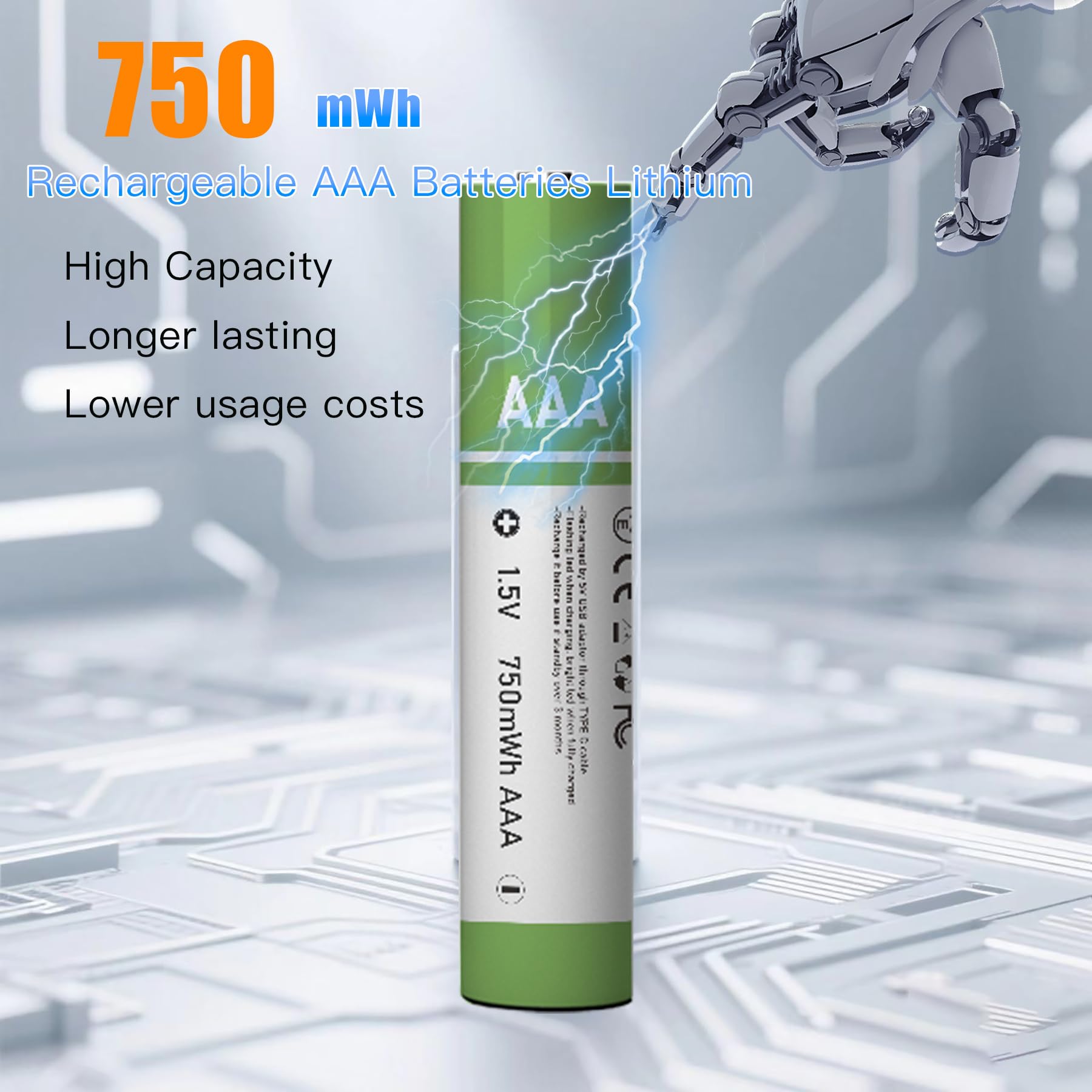16 batterie AAA USB Type-C AAA agli ioni di litio ricaricabili, ad alta capacità, 1,5 V, 500 mAh, 750 mWh ricaricabili, con cavo di ricarica