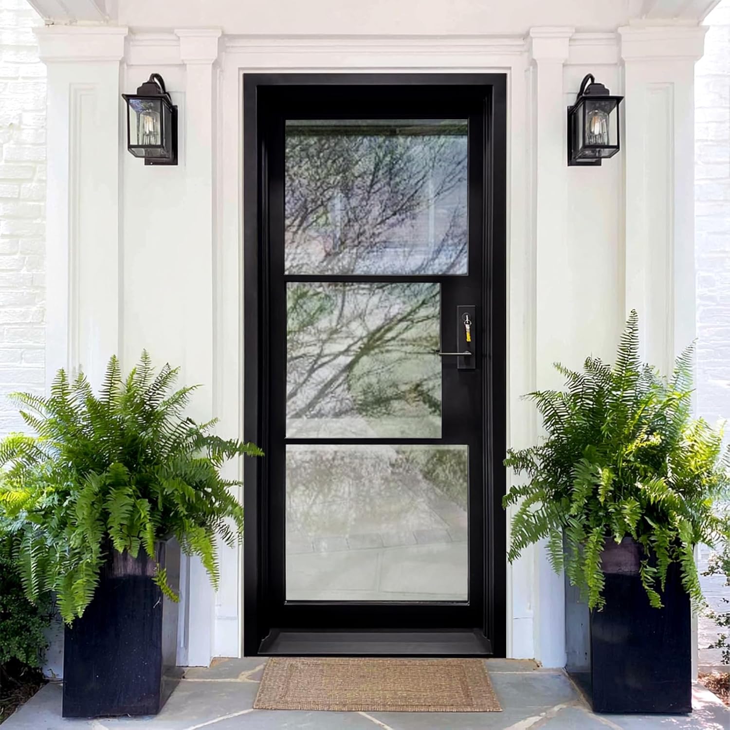 CHETTO C 36" X81" Prehung Door Wrought Iron Single Door Left Side Activation 3-Lite Clear Glass (Matte Black)