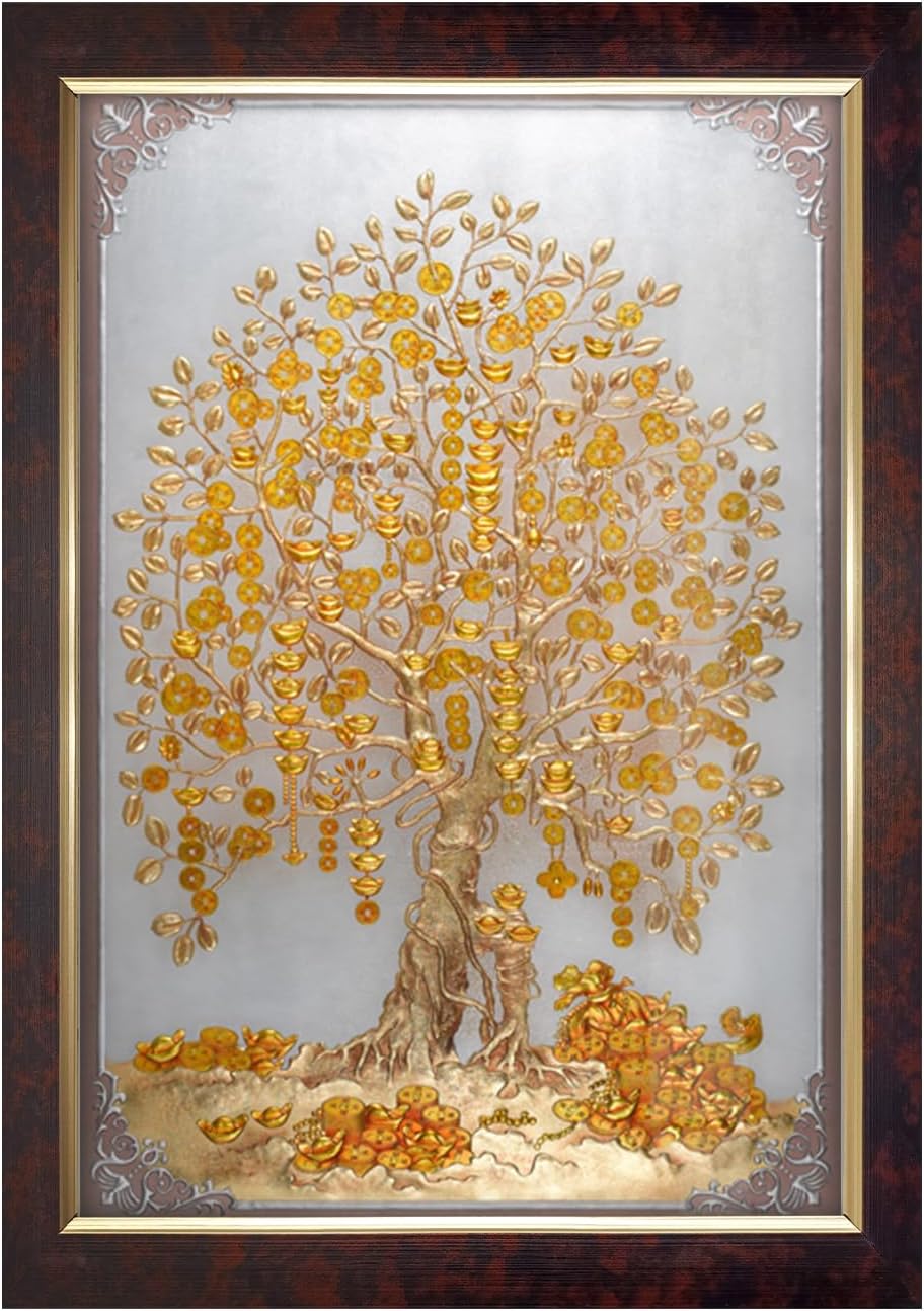Dharvika Prime Money Golden Tree Painting for Living Room Wall Decoration, Photo Frame (11x14 Inches)