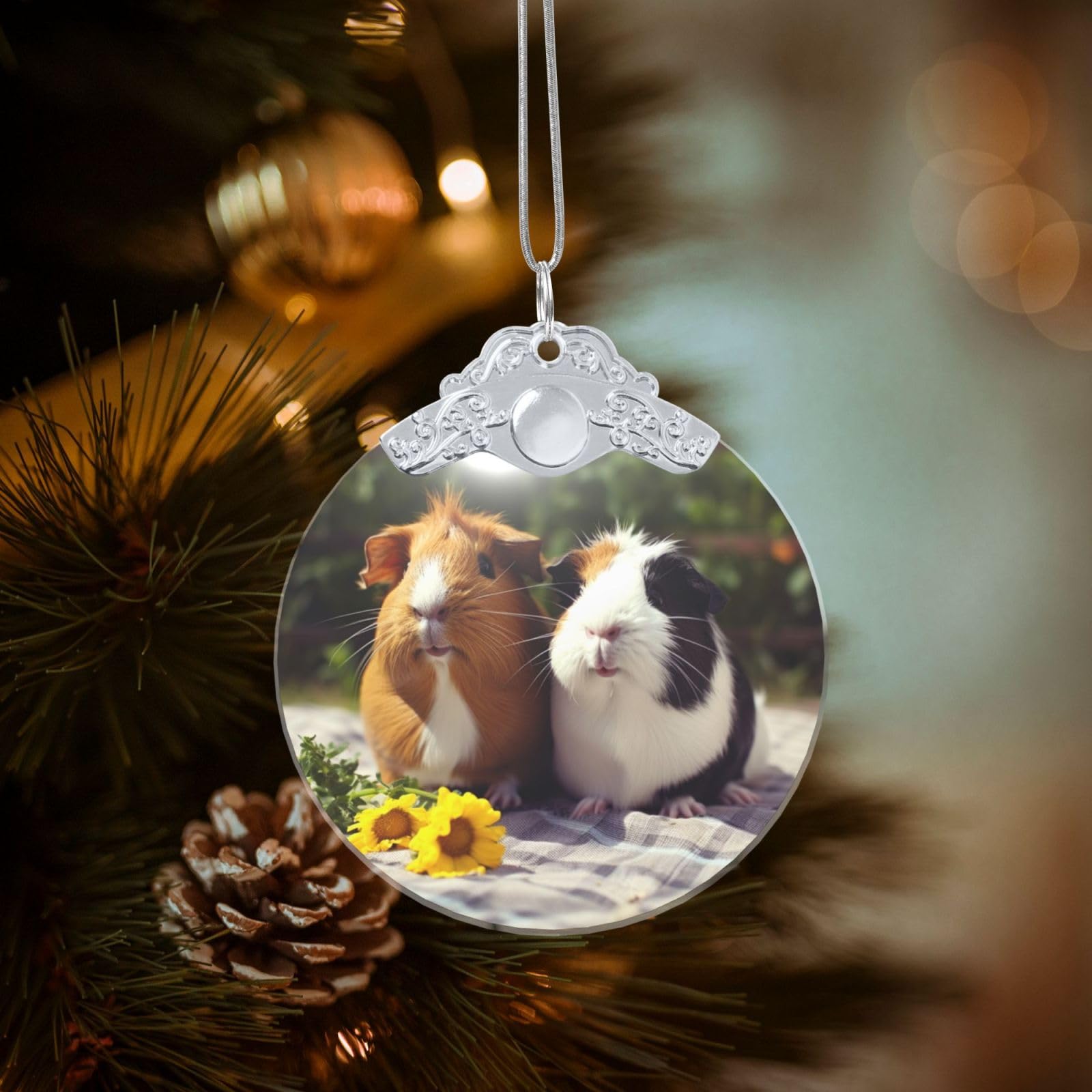 Crystal Christmas Ornaments for Christmas Tree Decoration Hanging Guinea Pigs Funny Ornament with Gold Ribbon Crafts Round Pendant for Keepsake Gifts Glass Xmas Decor Party Supplies