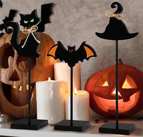 Miniatura 8 de 3 piezas de decoración de bandeja escalonada de Halloween, calabaza de madera, decoración de Halloween, letrero aterrador para interiores para