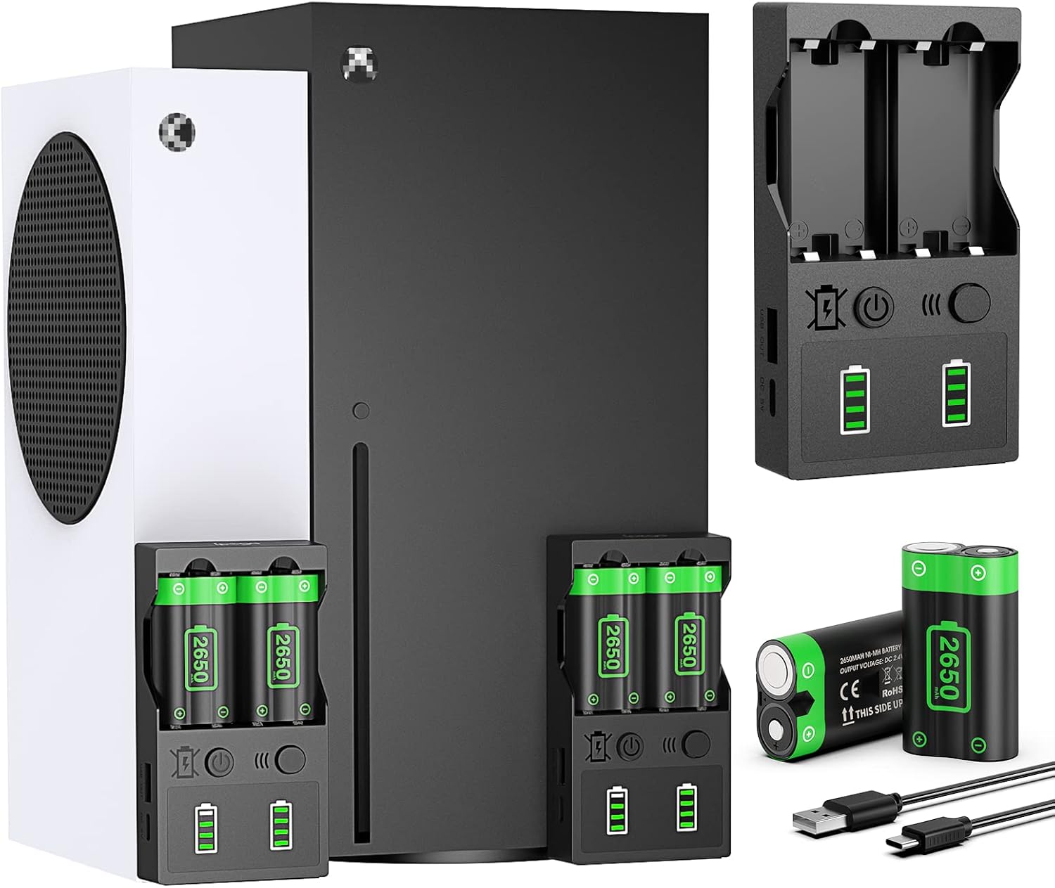 2 Pack 2650mAh Rechargeable Battery Pack with Charger for Xbox Series X|S,Xbox One/One S/X/Elite Controller, Fast Charging Battery Charger Kit Support Connecting to Xbox Series X|S Console (Black)