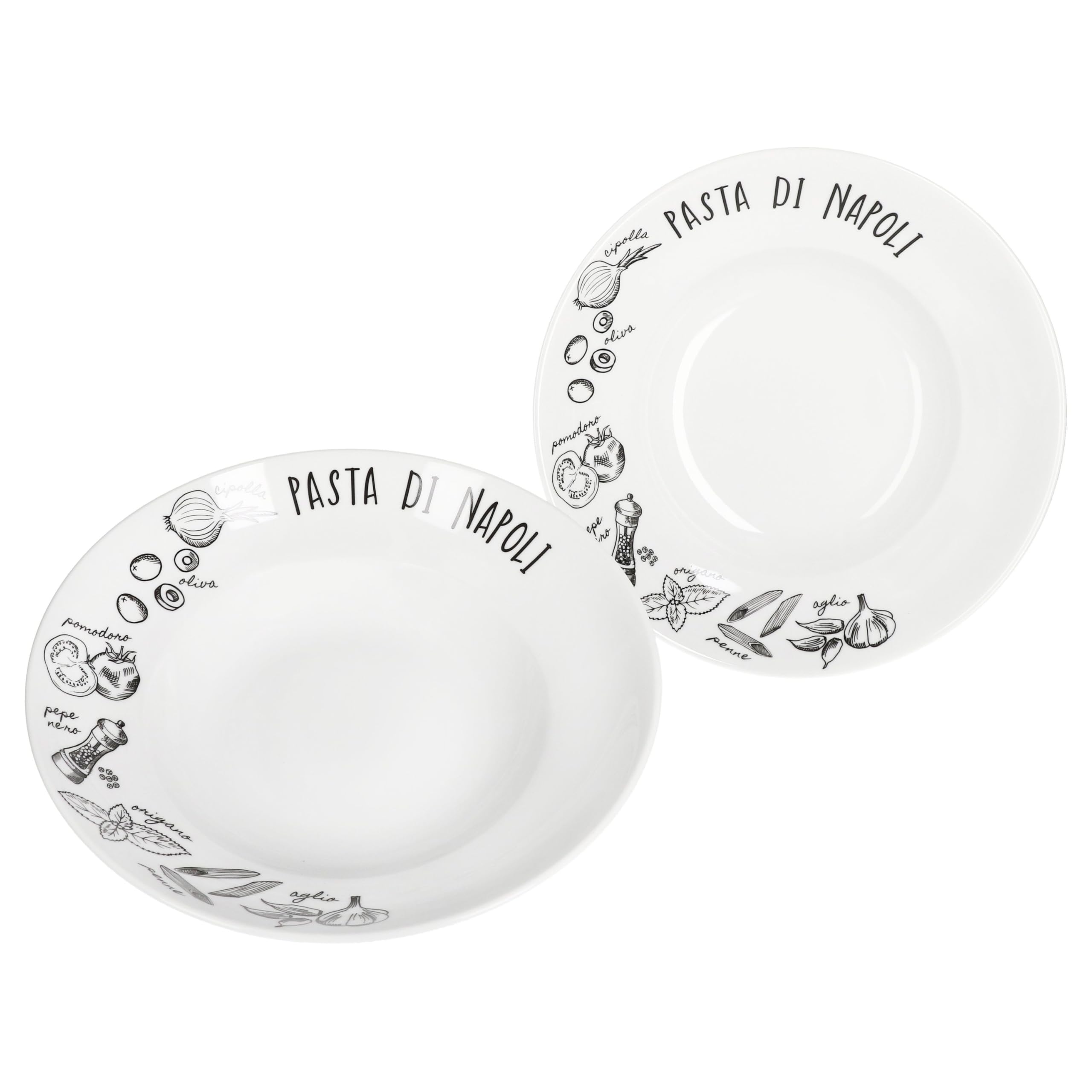 MamboCat Pasta di Napoli Lot de 2 assiettes creuses en porcelaine I Ø 27 cm 350 ml I Assiettes creuses en porcelaine noire et blanche avec décor I pour 2 personnes I Pâtes, salade, antipasti et soupes