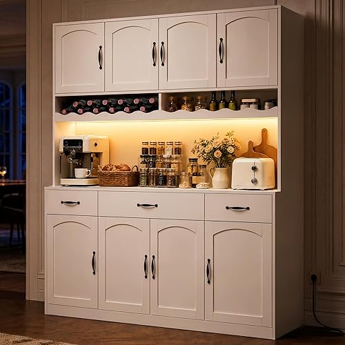 72" Tall Kitchen Pantry Cabinet with Charging Station 55" Wide Kitchen Hutch Cabinet with LED Light and Countertop Large Kitchen Cabinet With Adjustable Shelves and Wine Rack White