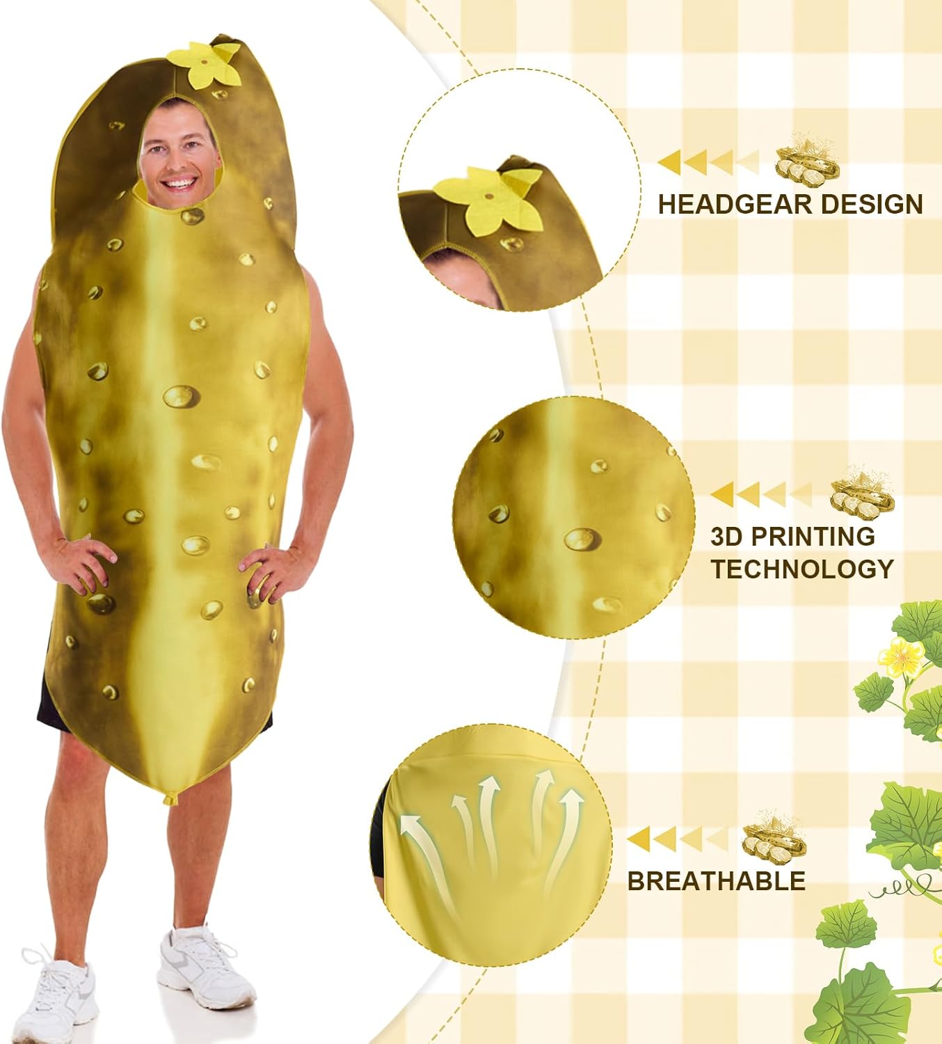 Adult Pickle Costume, Funny Halloween Food Jumpsuit for Men & Women, Unisex Green Cucumber Costume Fruit Cosplay - Image 2