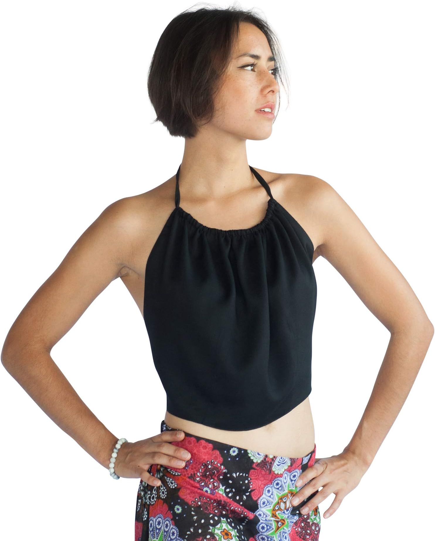 Women's Handmade Open Back Halter Top by Tropic Bliss,Black,One Size