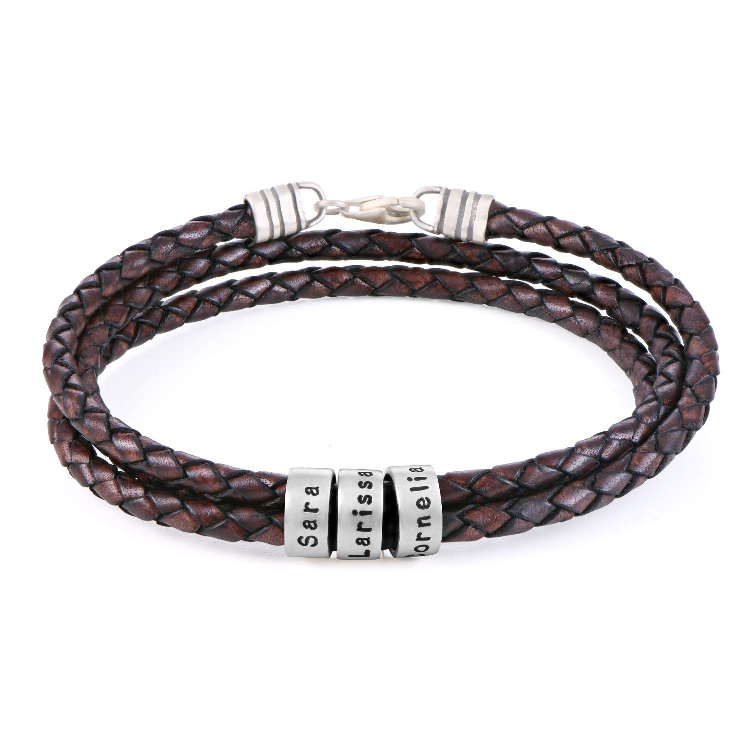MyNameNecklace MYKA Pulsera Personalizada para Hombre de cuero con Cuentas de Plata Personalizadas - Regalo para Él, Regalos Día del Padre