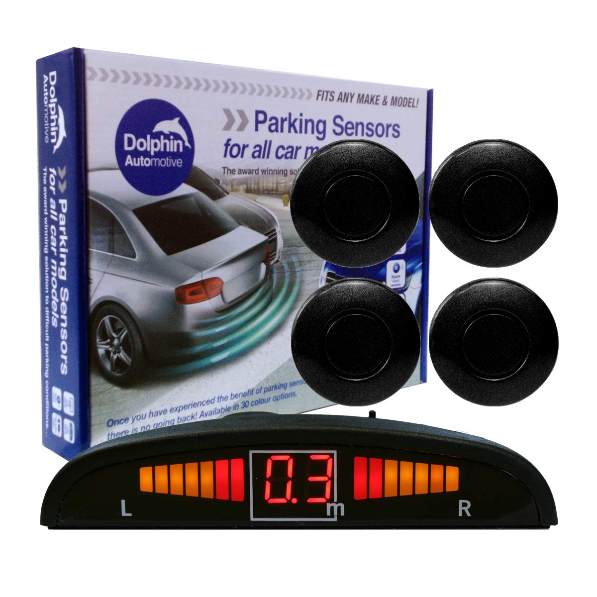Dolphin AutomotiveDPS450 Reverse Parking Sensors In 32 Colours 4 Ultrasonic Radar Sensors Kit Audio & Display Alert System - Coal Grey