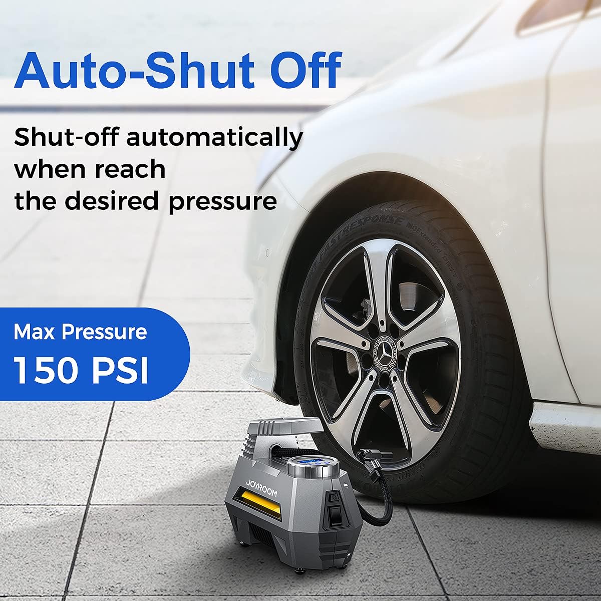 JOYROOM air compressor inflating a car tire, showing 'Auto-Shut Off' and 'Max Pressure 150 PSI'