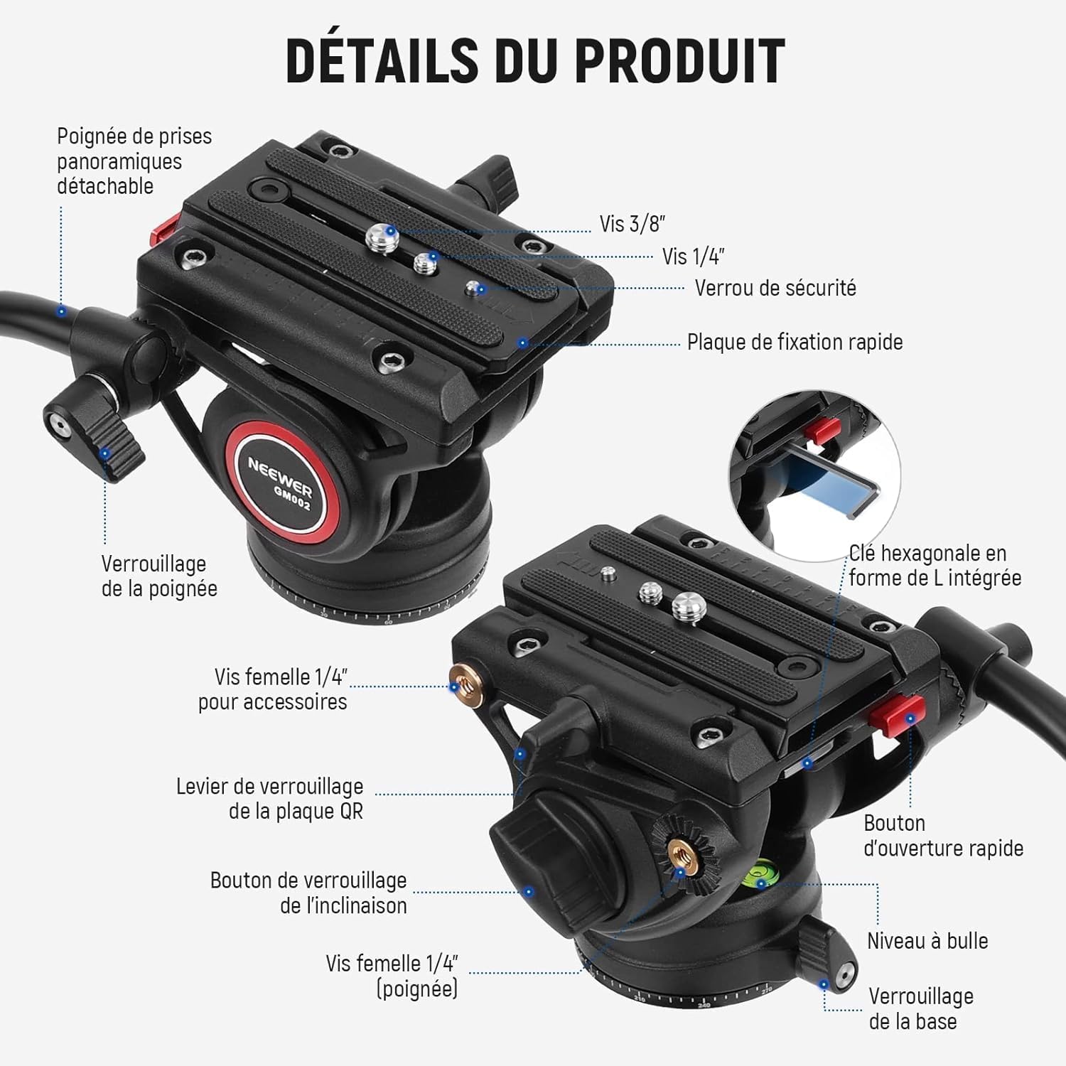 Trépied Vidéo NEEWER TP74 Avec Tête Fluide - Compatible DJI RS - Charge 8kg - Hauteur 187cm - Pour Reflex/Caméscope