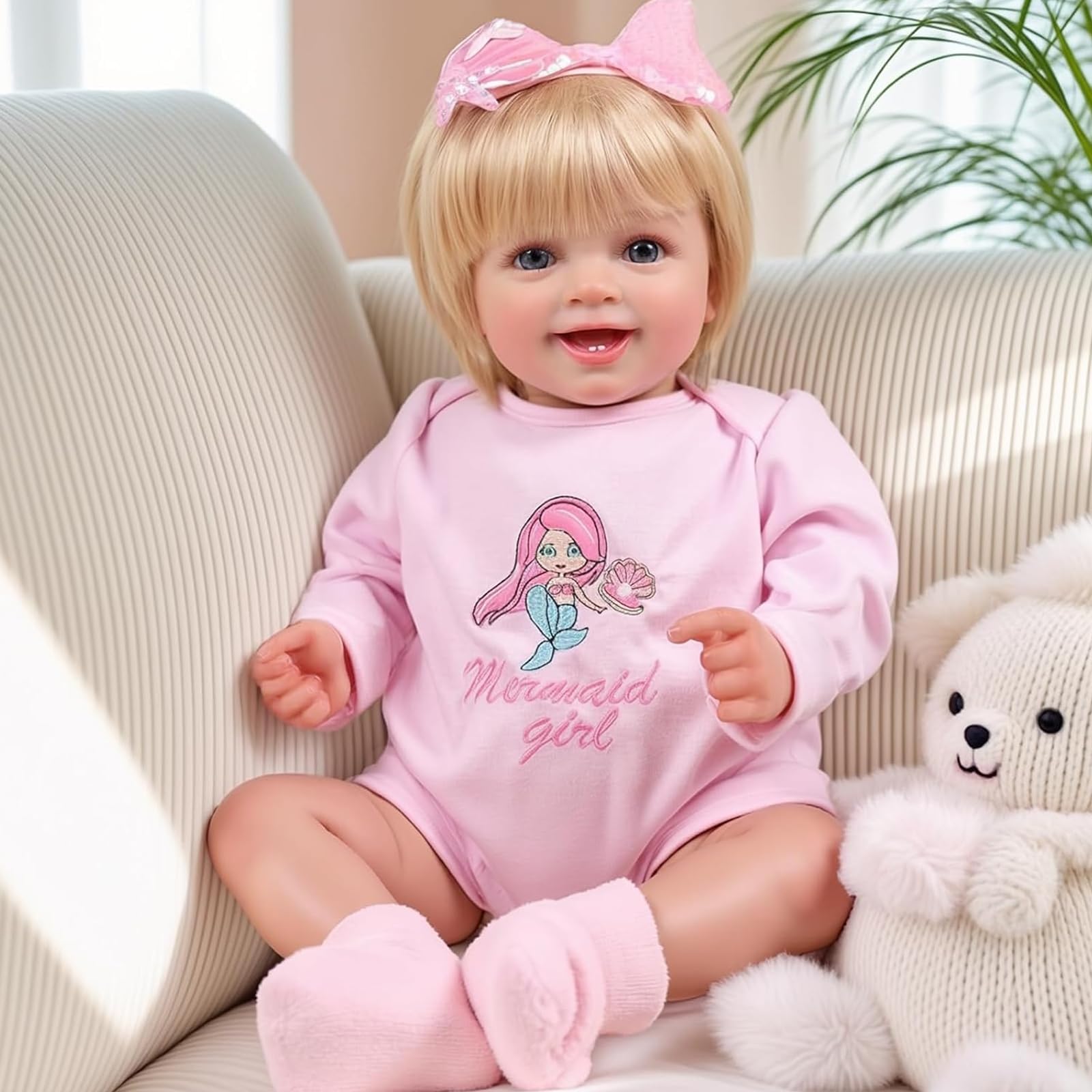 BABESIDE 20" Reborn Puppe, Lebensechte Puppe Offenen Augen Kurzem Haar | Reborn Puppe, Stoffkörper, Lebensechte Weibliche Puppe mit Offenen Augen, Inklusive Zubehör