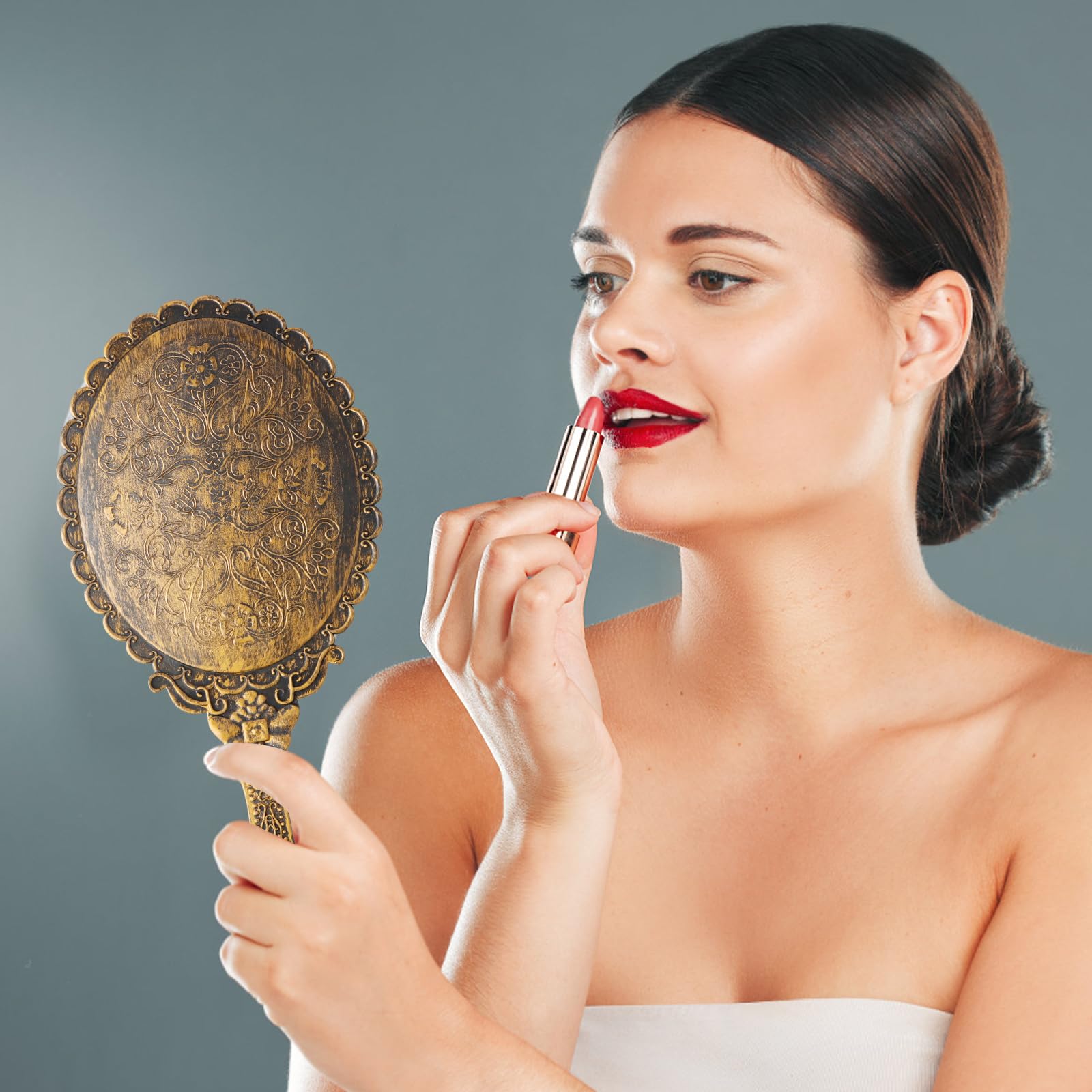 Amexo Specchio Portatile Vintage a Mano, Mini Specchio Ellittico Compatto per Capelli e Trucco, Ragazze e Donne (Bronzo)