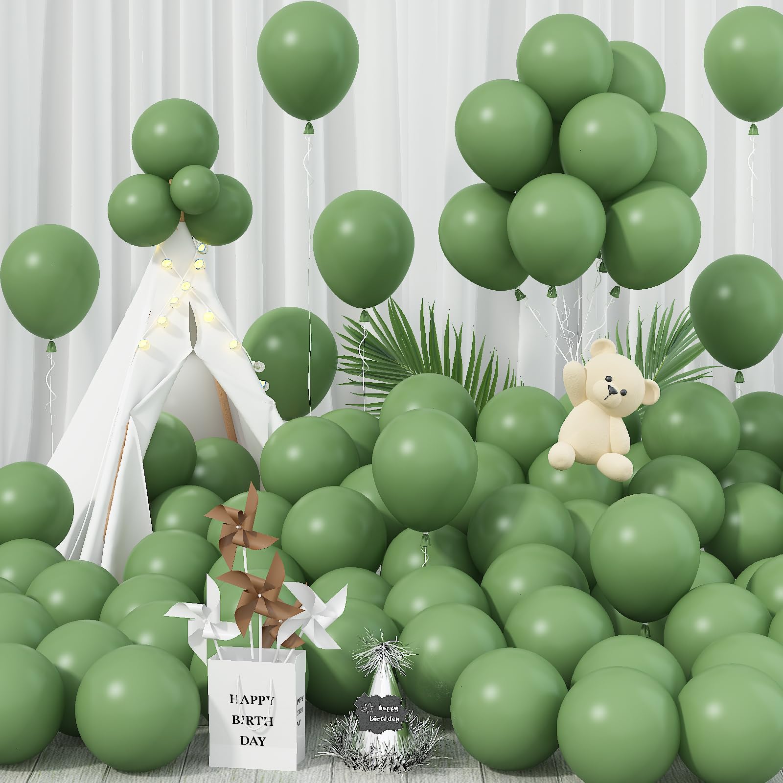 Jobkoo Sage Green Balloons 12 Inch, 100 Pack Eucalyptus Olive Vintage Green Balloon Matte Dusty Green Dark Avocado Green Helium Latex Balloons for