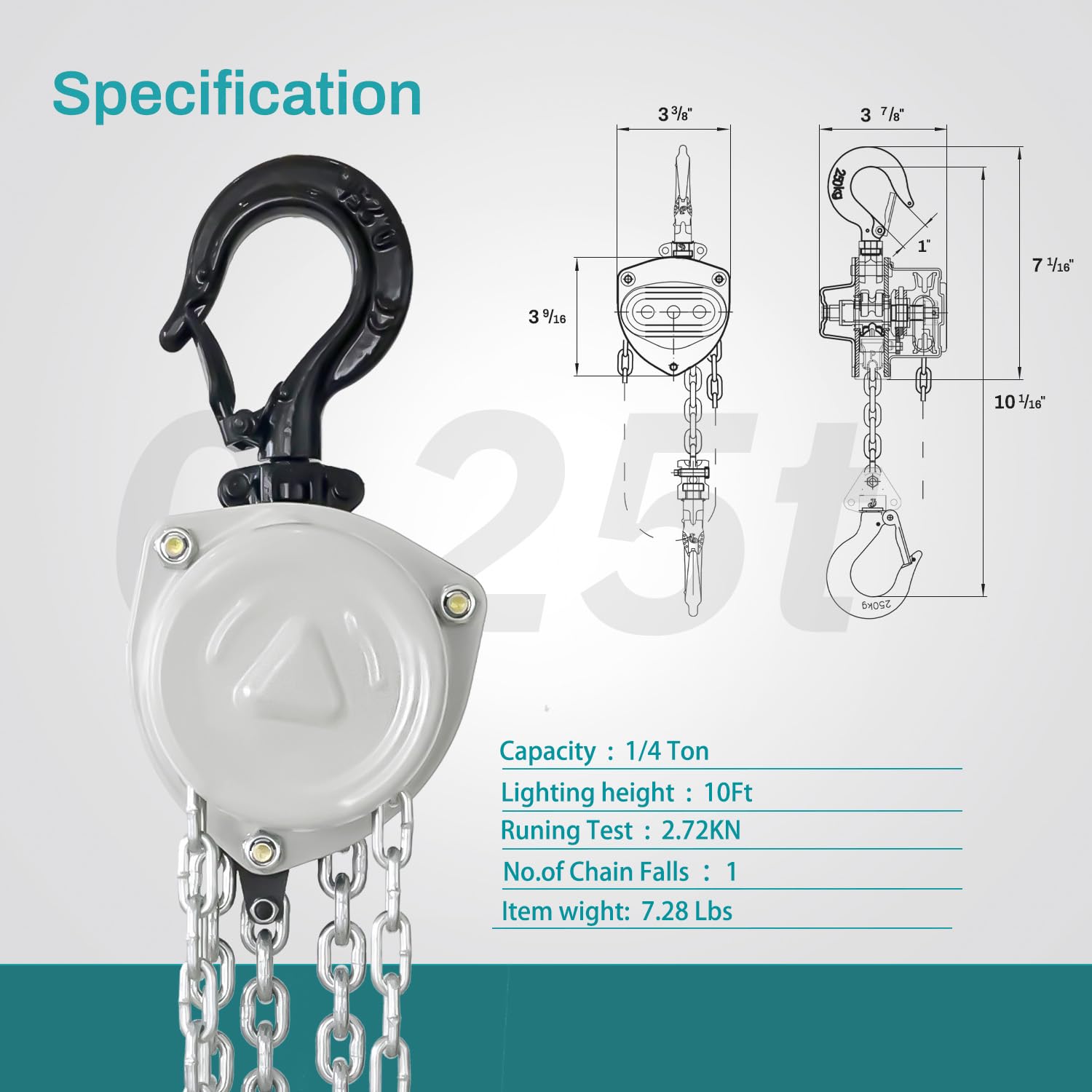 TOYO 250 kg Kettenzug, 1/4 Tonne, Mini-Handzug mit 3 m Kette, für Garagen, Lager, Automobil, robuster Flaschenzug mit 2 robusten Haken (250 kg, 3 m)
