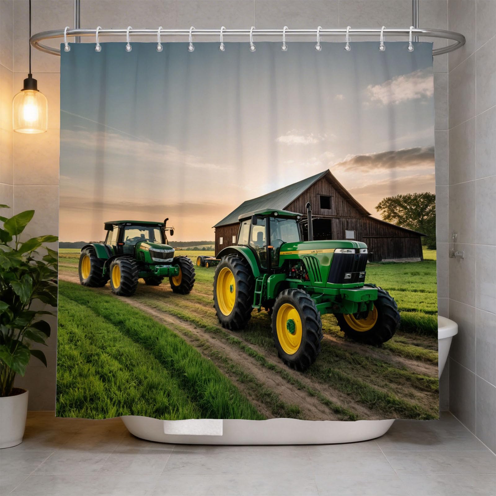 Hongduo 3D Green Tractor Shower Curtain for Stalls Bathtubs Farmhouse Style Bathroom Decor Shower Curtain Set Polyester Fabric Waterproof 180x180cm/71X71 Inch with Hooks
