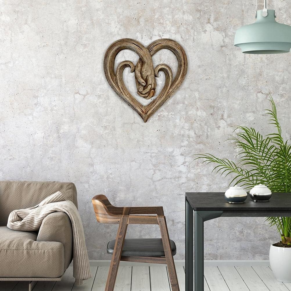 Eeneme Outdoor | Indoor Heart Wall Plaque 12 Inches Wooden Decorative Art Sculpture Handshake Craft Statue Gift for Lovers, Weddings, Valentine's Day