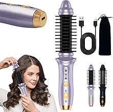 Cordless Hot Brush for Short Hair - Heated Round Curler & Thermal Curling Iron for Women, USB Mini Hair Straightener Portable Curling Brushes, Curly Straight Hair Travel Heat Styling（Purple）