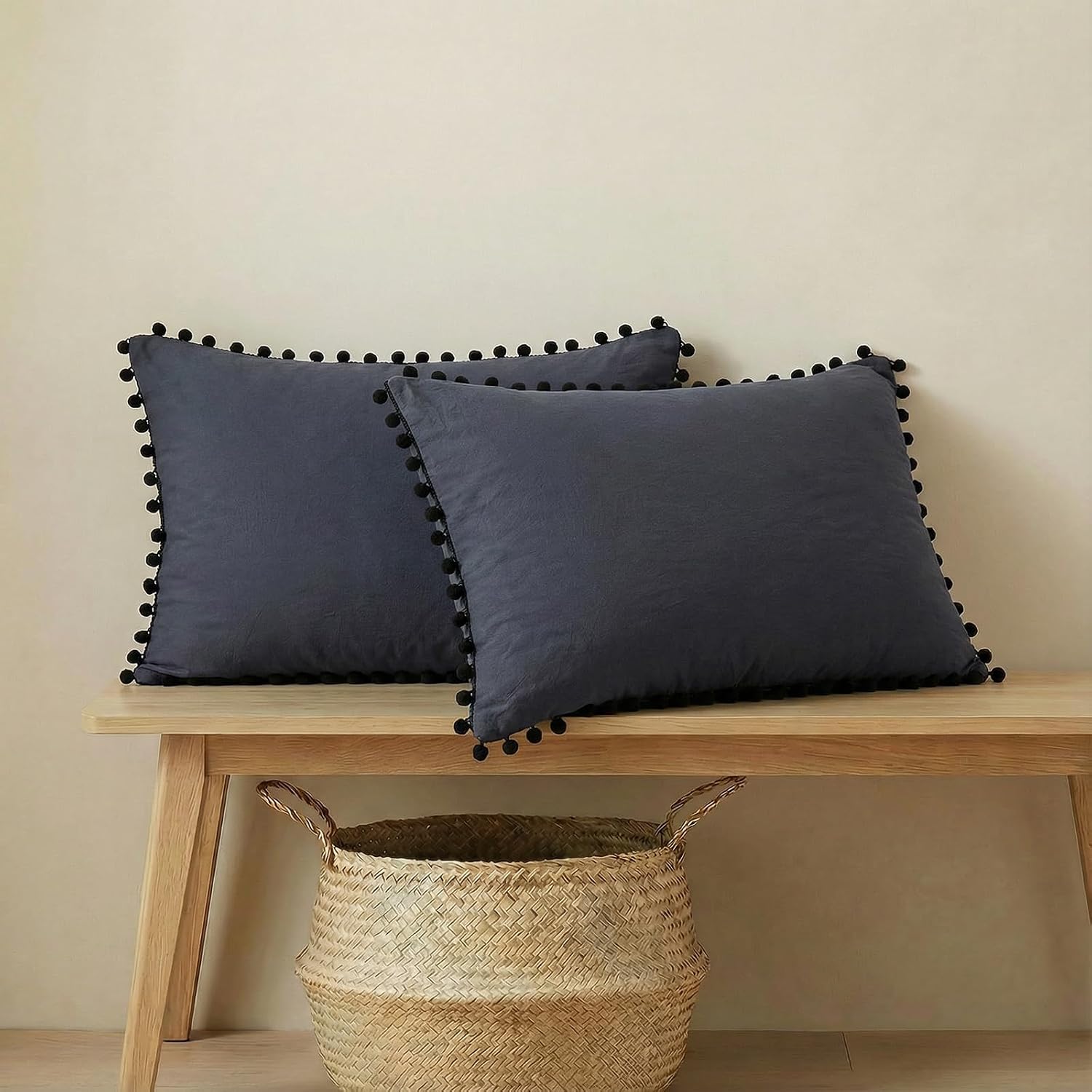Navy Blue Pom Poms Pillowcases, Dark Blue Standard Queen 20x30 Inches Pillowcases Set of 2, 100% Washed Microfiber, Navy Fringe Pillow Shams, 2 Pack (Standard, Navy Blue)