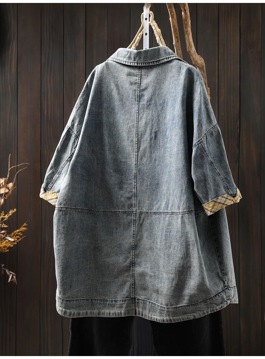 Blazer da Donna Giacca di Jeans Oversize da Donna A Quadri A Contrasto con Maniche A 3/4 Modello Ampio con Revers A Tacca Blazer in Denim Lavato Stile Vintage Lunghezza Media Modello Boyfriend con T