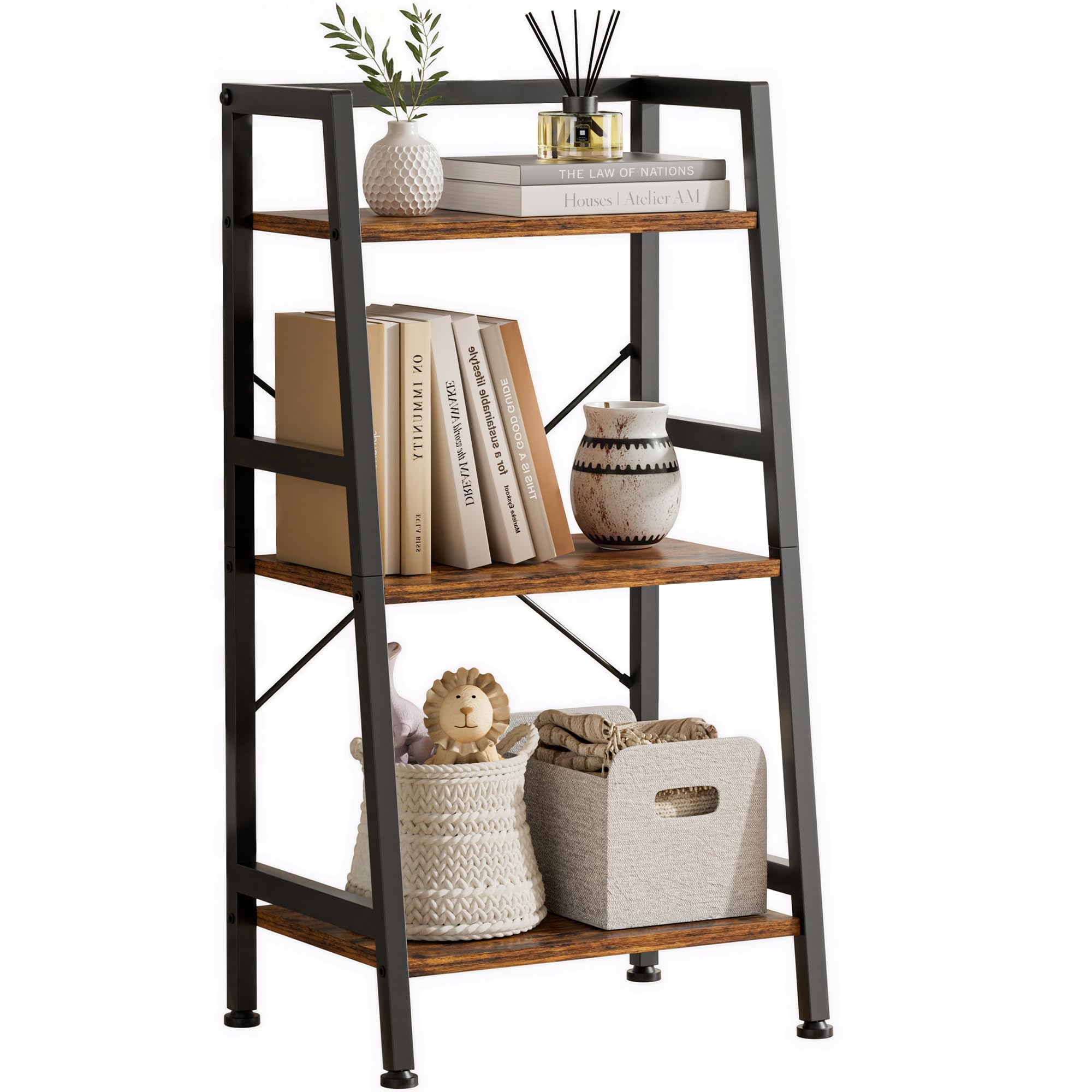 Vantimo 3-Tier Ladder Shelf, Industrial Storage Shelving Unit with Wooden Shelves & Metal Frame, Freestanding Bookcase Open Display Shelf for Living Room, Bedroom, Office