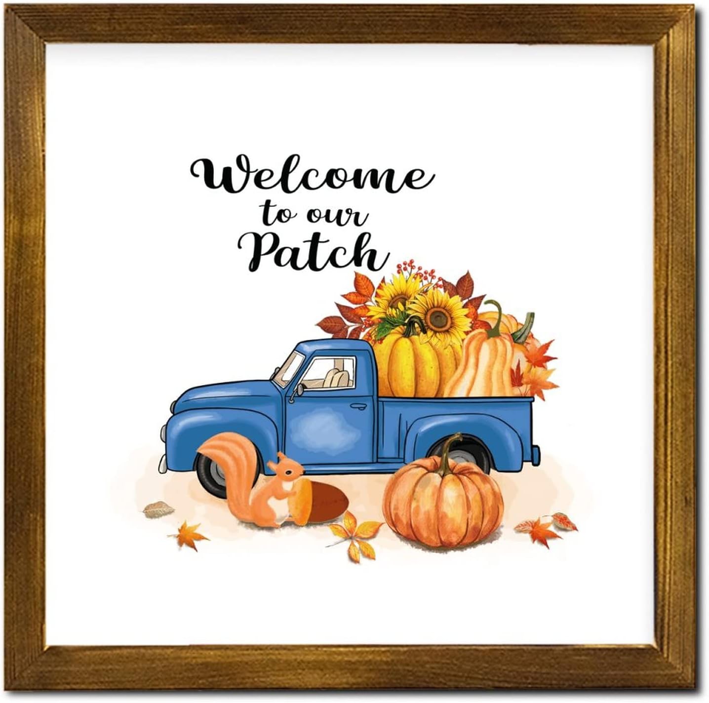 Welcome to Our Patch Blue Truck Wooden Framed Sign Gnome Pumpkin Sunflower Maple Leaves Porch Sign Rustic Farm Harvest Wall Decor Hanging Plaque Sign for Bedroom Living Room Shelf Home 12x12 inch