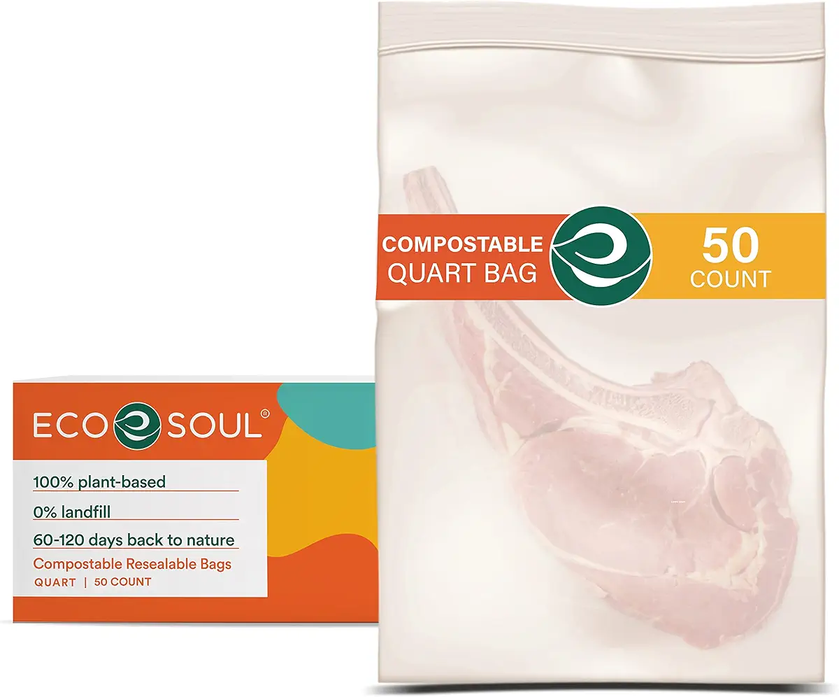 ECO SOUL 100% Compostable Quart Bags [50 Counts][10&#34;x6&#34;] Resealable Bags, Freezer Bags, Eco-friendly Zip Bags, Leakproof Bags, Biodegradable Bags for Food
