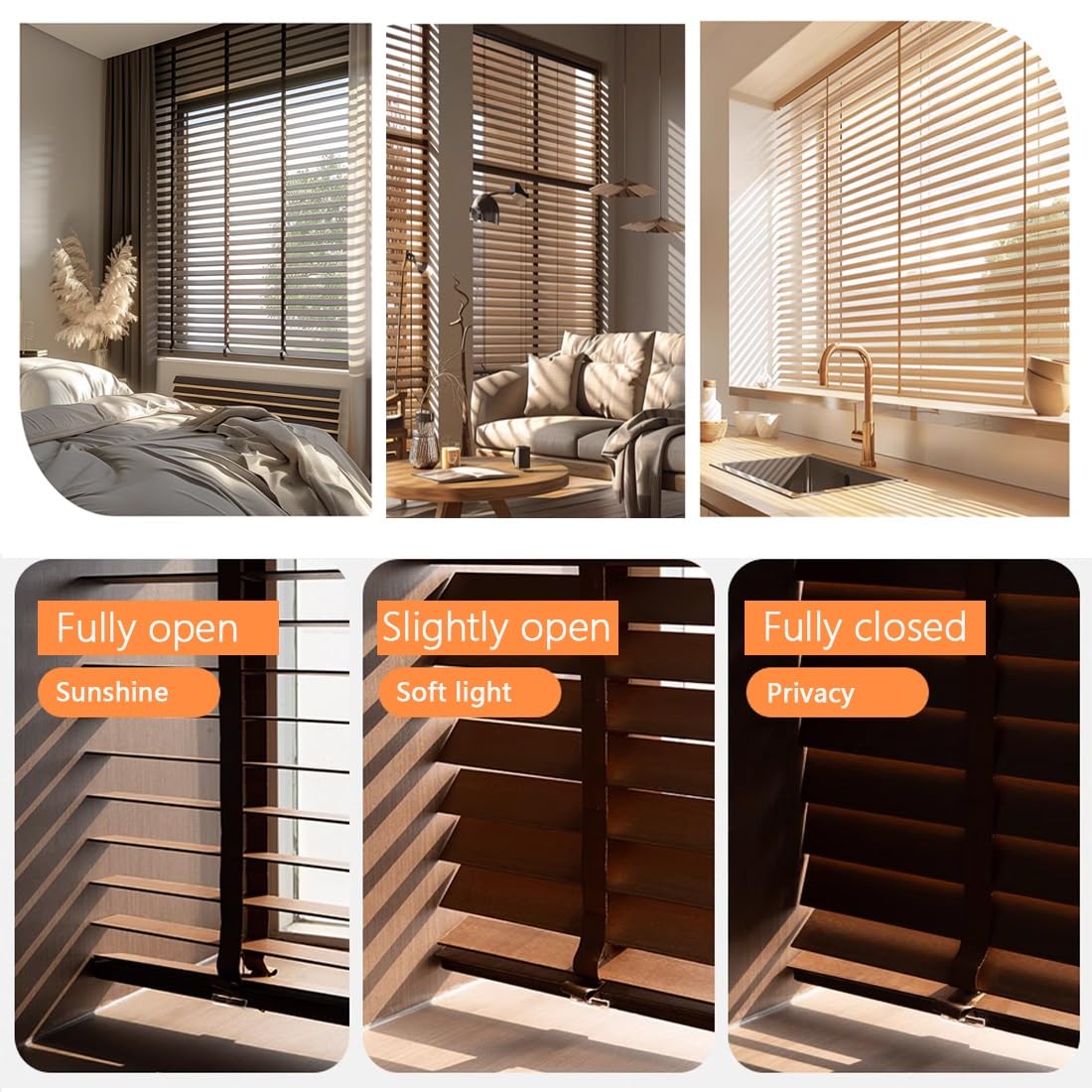 Persiane Veneziane Orizzontali,Tende Veneziane Legno,Tapparelle in Legno Massello per Finestre a Doghe Larghe 50 mm per Camera da Letto, Cucina, Bagno,Montaggio Interno, Esterno(75Wx145H cm)
