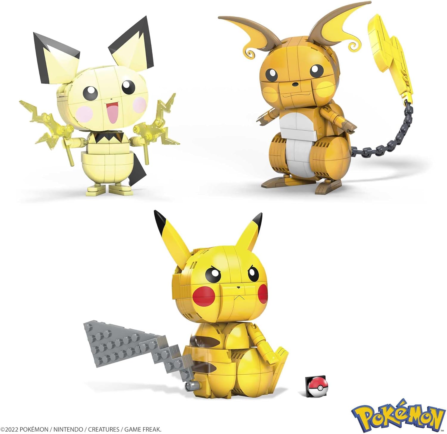 MEGA Pokémon Action Figures Toy Building Set, 4 Inch Pikachu, Raichu and Pichu Build n Show Pikachu Evolution Trio with Poke Ball Pin