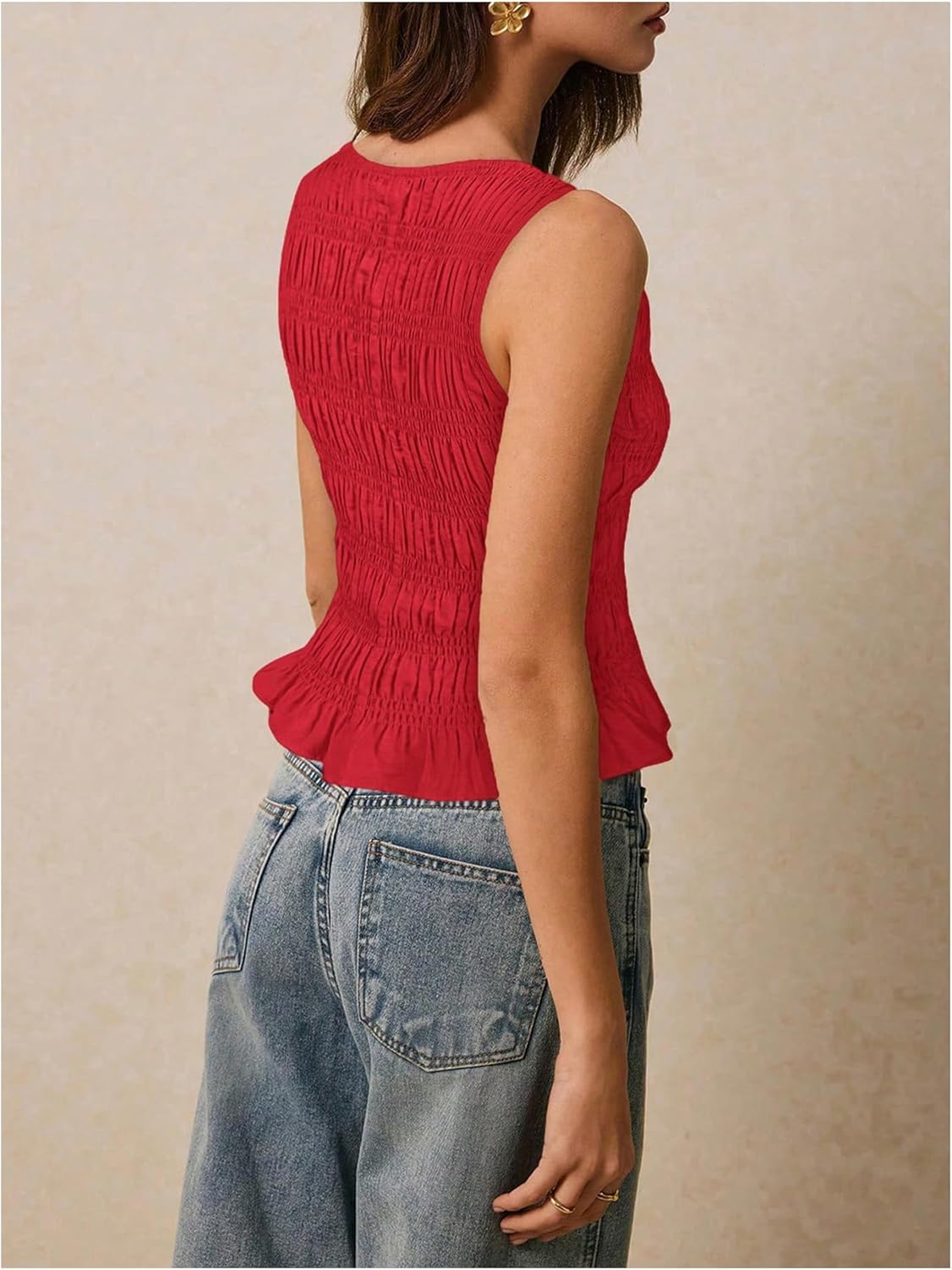 Milumia Women's Sleeveless Crewneck Frill Smocked Ruffle Crop Top Shirred Tank Top Shirt - Image 3