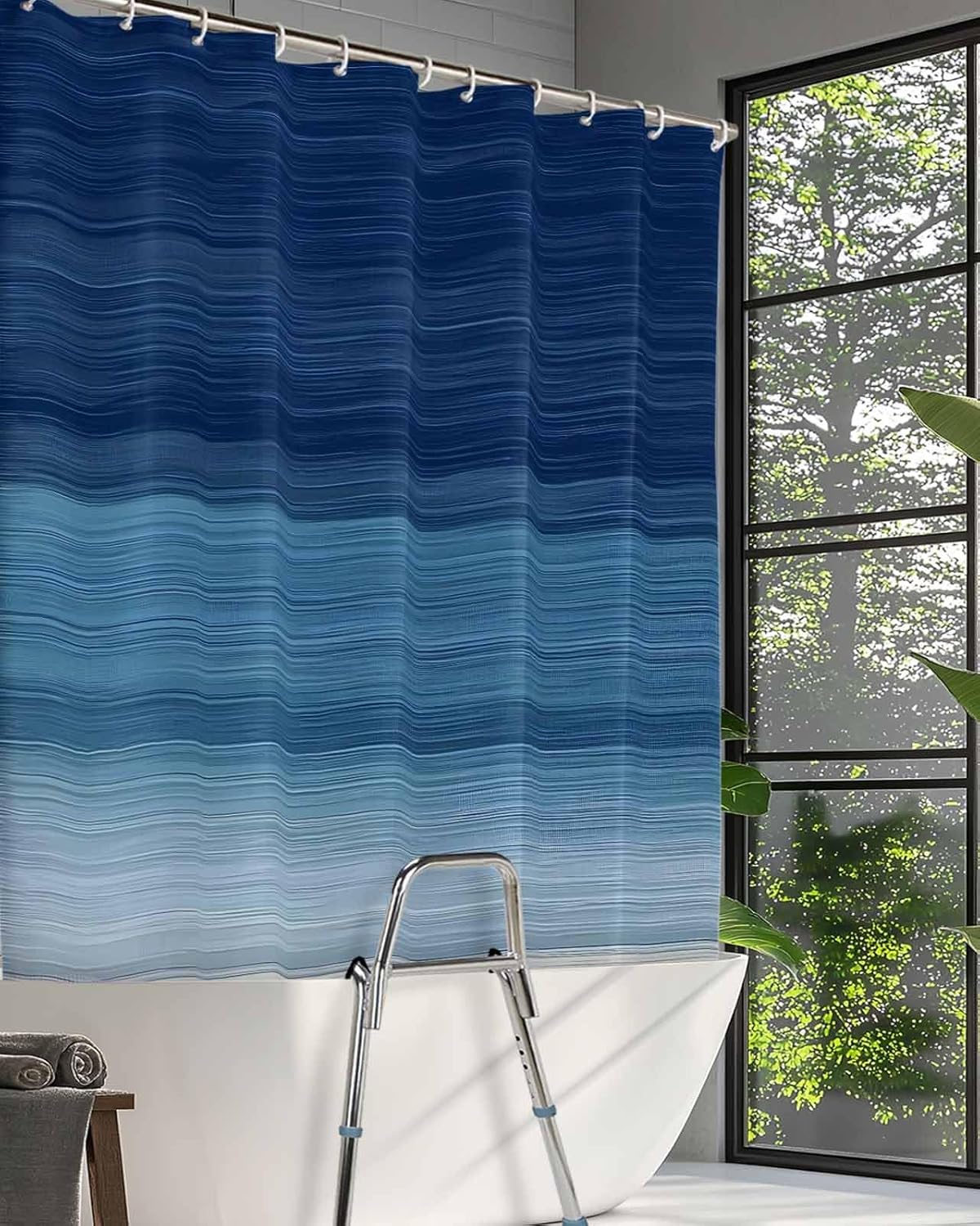 Navy Blue Striped Split Shower Curtain for Transfer Bench, Modern Abstract Art 72 Inch Shower Curtains for Bathroom/Tub, Farmhouse Stripe Waterproof Fabric Shower Curtain Set, 72 W x 72 H