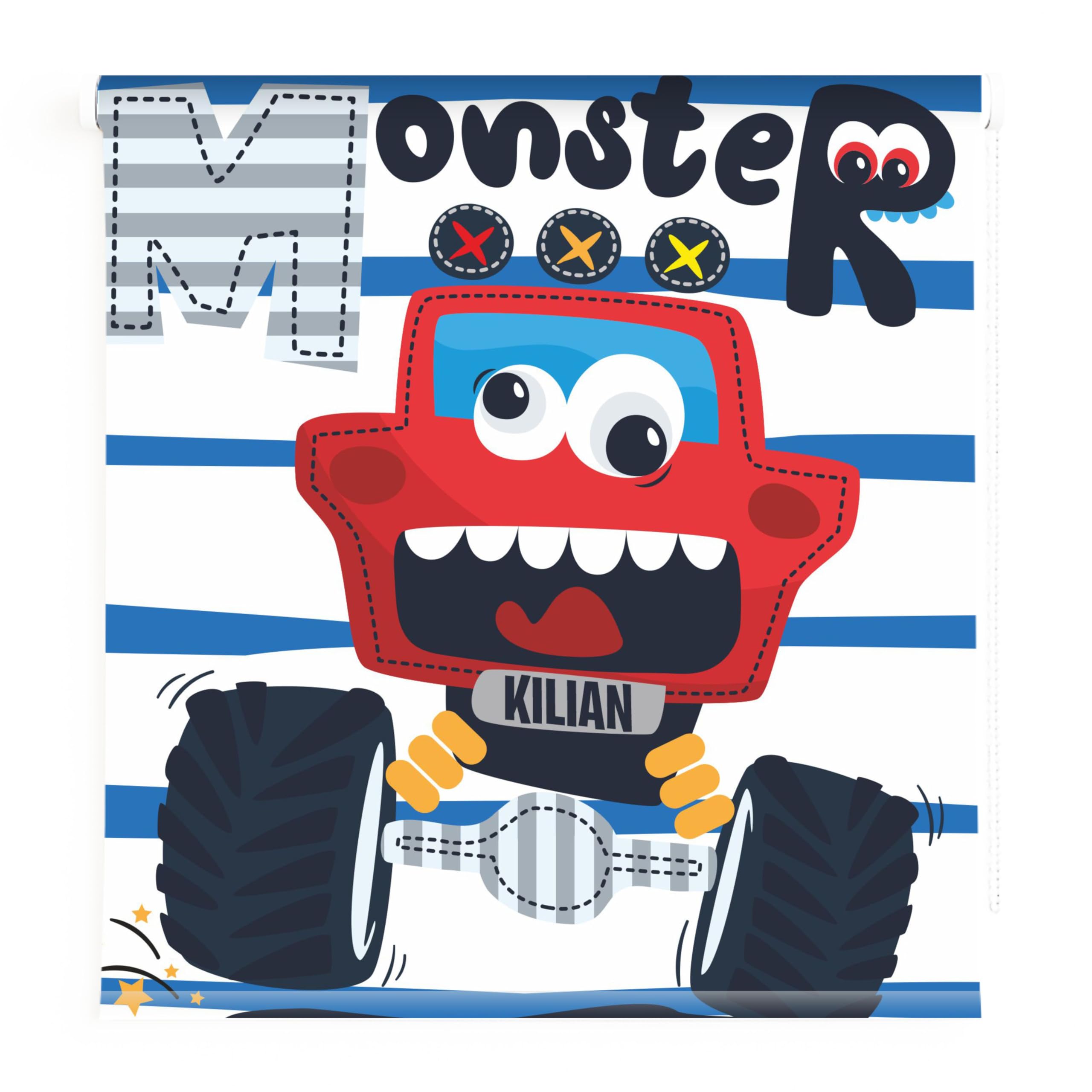 Estor translucido Infantil Racing Monster. Estores enrollables translucido de Coches. Estores Personalizables con nombre niño. Decoración Hogar. Estores Translucidos Habitacion infantil niño (130x170)