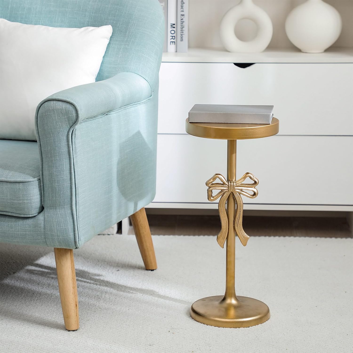 Gold Metal Martini Drink Table 9''x19.5'' Bow Pedestal Side Table Round Martini End Desk Small Cocktail Drink Stand for Small Spaces Nightstand Bedroom Couch Chair Vintage Decor