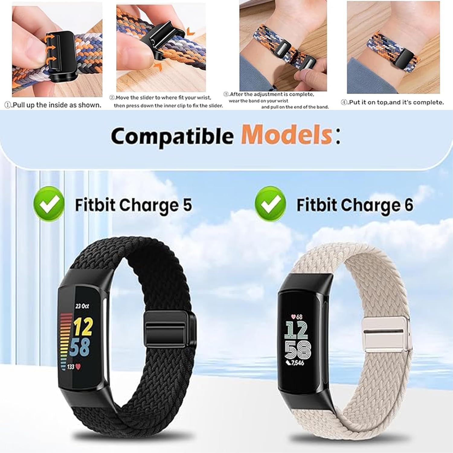 Sundara Braid Nylon Compatible with Fitbit Charge 6 Watch Bands Magnetic Stretchy Fabric Soft Loop Straps Adjustable Wristband Fitbit Charge 5 Band/Charge 6 Fitness Tracker Replacement Women Men image 3