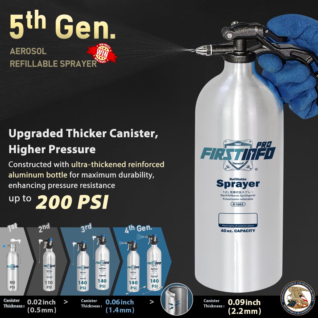 FIRSTINFO Kit de Vaporisateur Rechargeable pour Nettoyant Freins, Réservoir en Aluminium Non Aérosol 1,2 L pour Solvants et Dégraissants, Conception sous Pression avec Kit Multi-Buses, A1665K