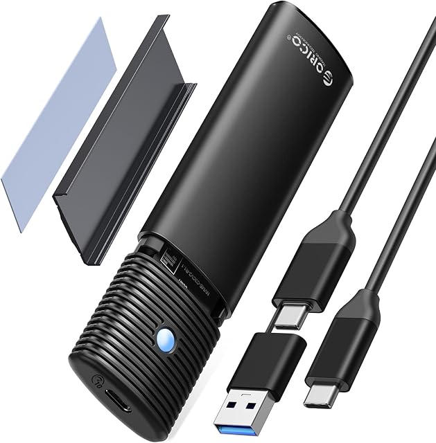 ORICO M.2 NVMe SATA SSD Enclosure Adapter Tool-Free, USB C 3.2 Gen 2 10Gbps NVMe, 5Gbps NGFF SATA PCIe M-Key(B+M Key) 2230/2242/2260/2280, Aluminum External M2 Case Support UASP Trim-PWEM2-BK