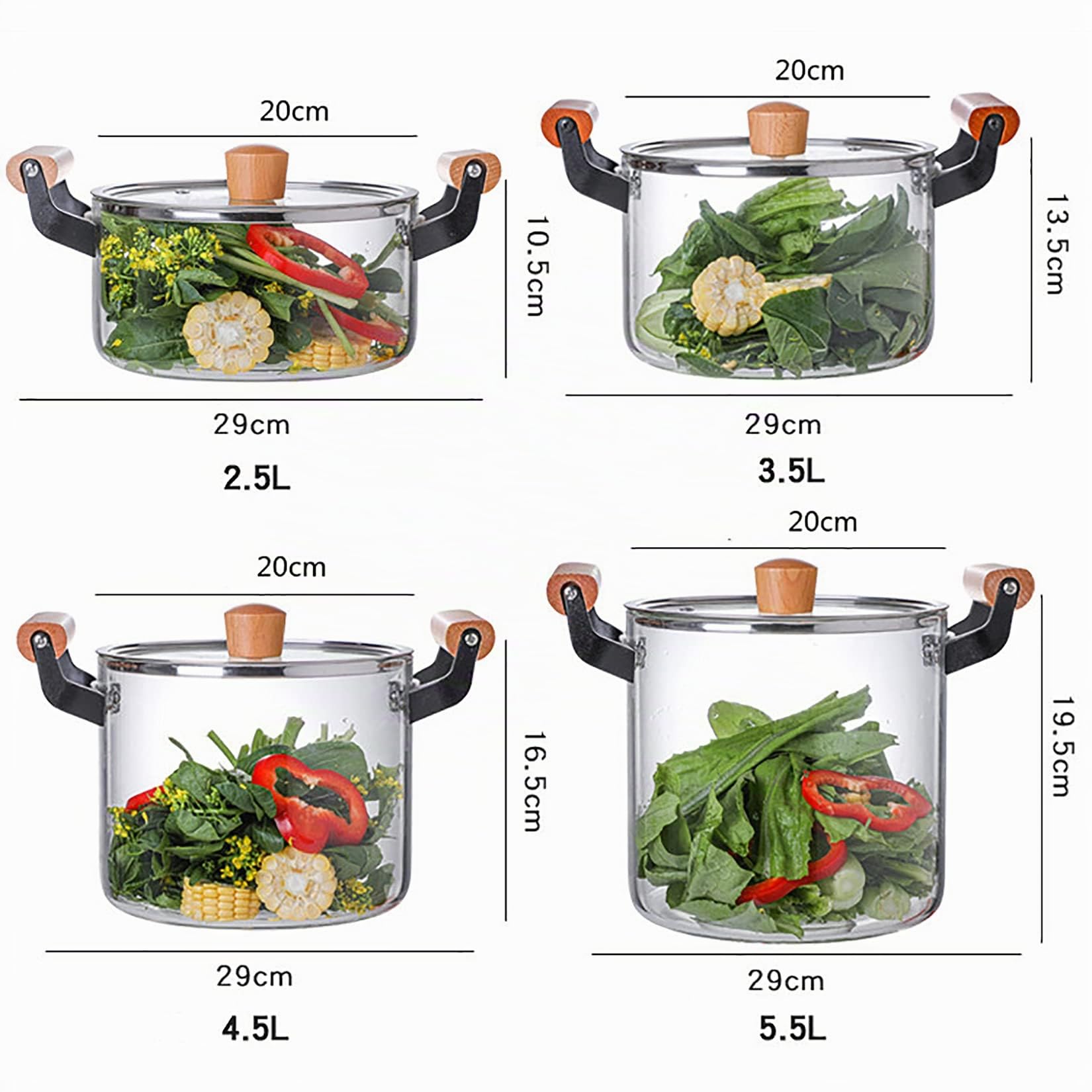 Pentole di Vetro Riscaldabile per Cucinare con Manico in Legno, Pentola in Vetro Trasparente per Ristorante di Cucina Domestica,3.5l