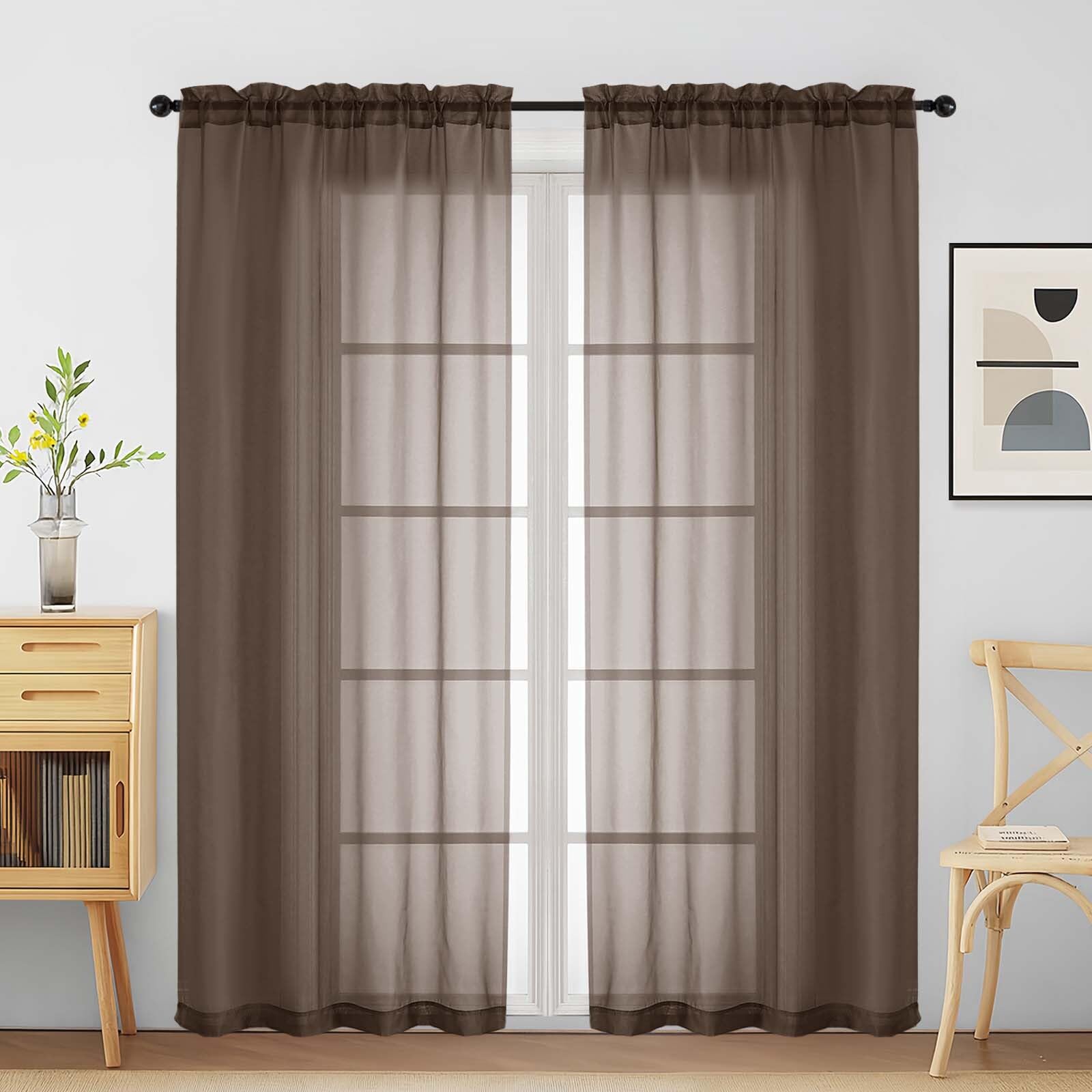 Ebesto Chocolate Sheer Curtains for Window 72 inches Long 2 Panels Set, Soft Airy Modern Light Filtering Sheer Curtains for Living Room Bedroom, Dual Rod Pocket Solid Window Drapes, 2x42Wx72L inches
