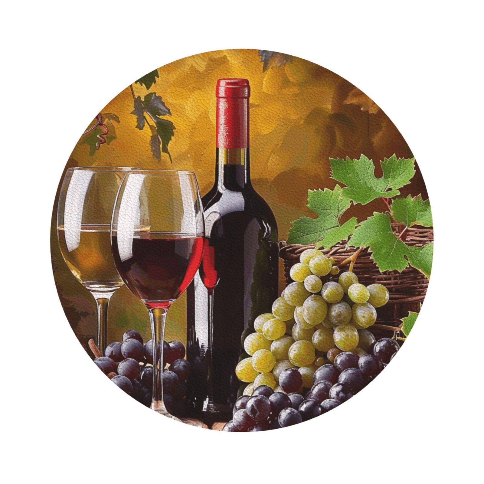 Grapes Wine Bottles and Drink Print Leather Coaster Set of 6, Round Shape Coasters Table Decorative Coffee Cup Beverage Coasters Wine Beer Bar Coasters for Hot Drinks Table Protection