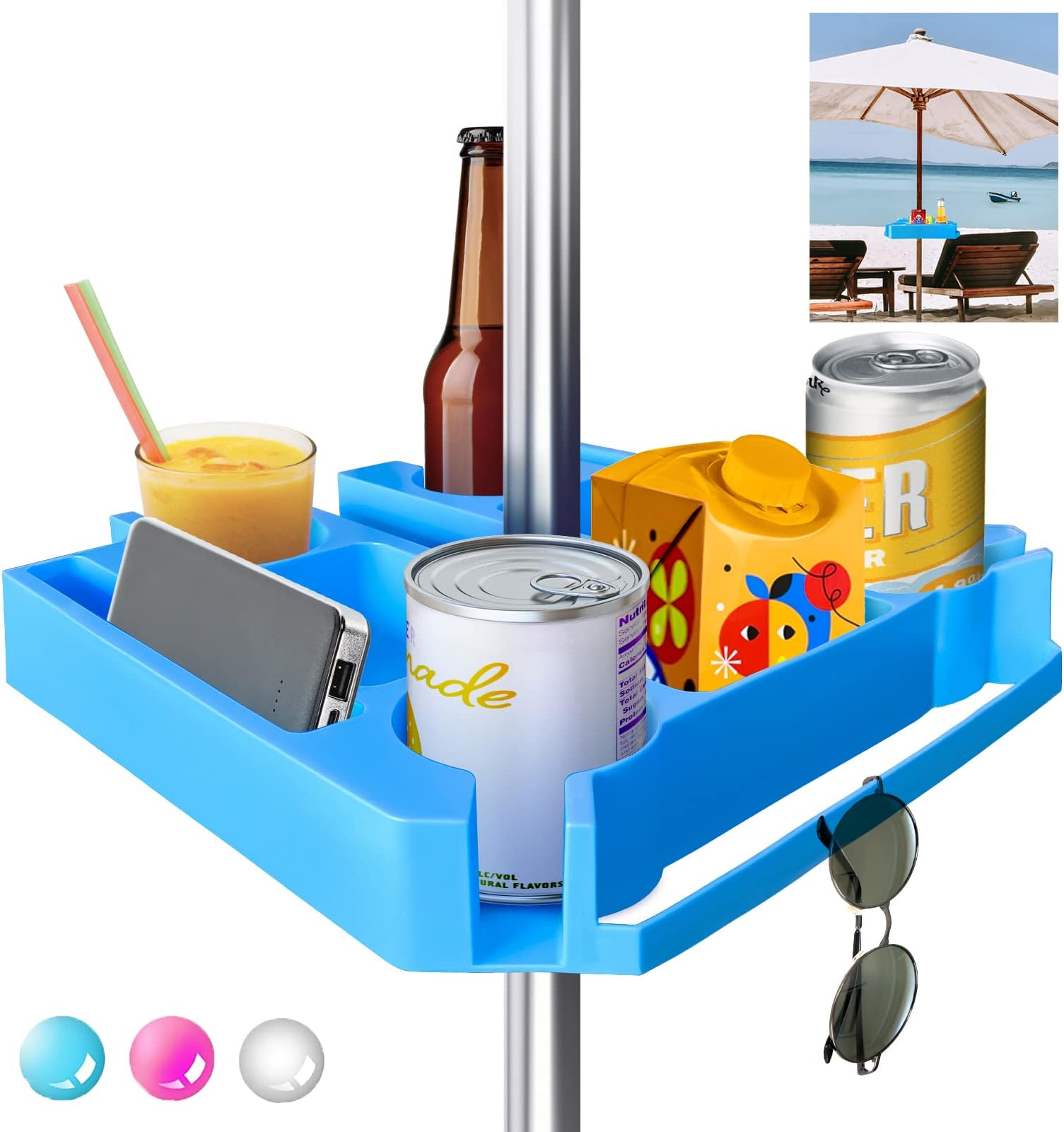 WUMSTOT Beach Umbrella Table Tray: Outdoor Adjustable Umbrella Tray Featuring Cup Holders Snack Compartment Sunglasses Holder - Ideal for 0.7-1.5 INCH Pole Outdoor Beach Umbrellas