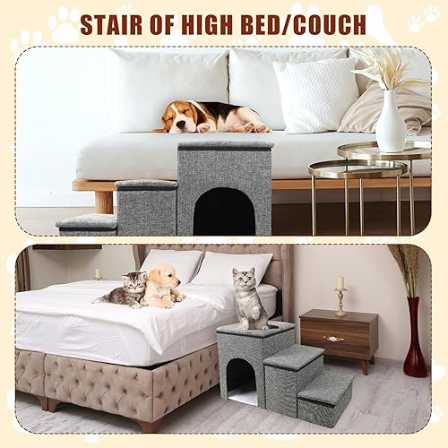 Miniatura 5 de Escaleras para perros con condominio, escaleras para perros de 16 pulgadas, escaleras para perros de 3 escalones con almacenamiento y condominio,