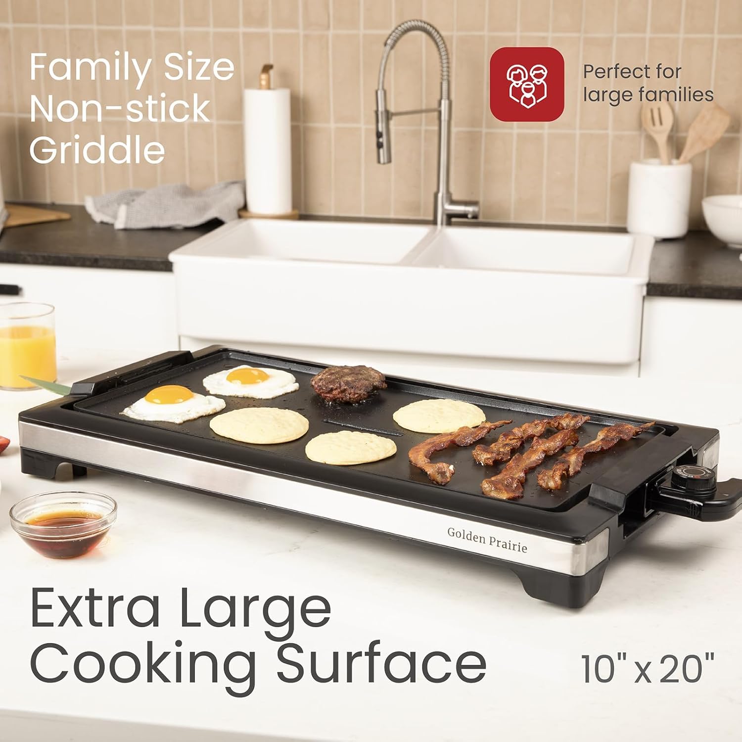 Electric Griddle Nonstick, 1800W, 20-Inch XL Nonstick Flat Top Grill for Breakfast, Pancakes, Eggs & Teppanyaki, Electric Skillet with Drip Tray, Adjustable Temperature, Easy to Clean