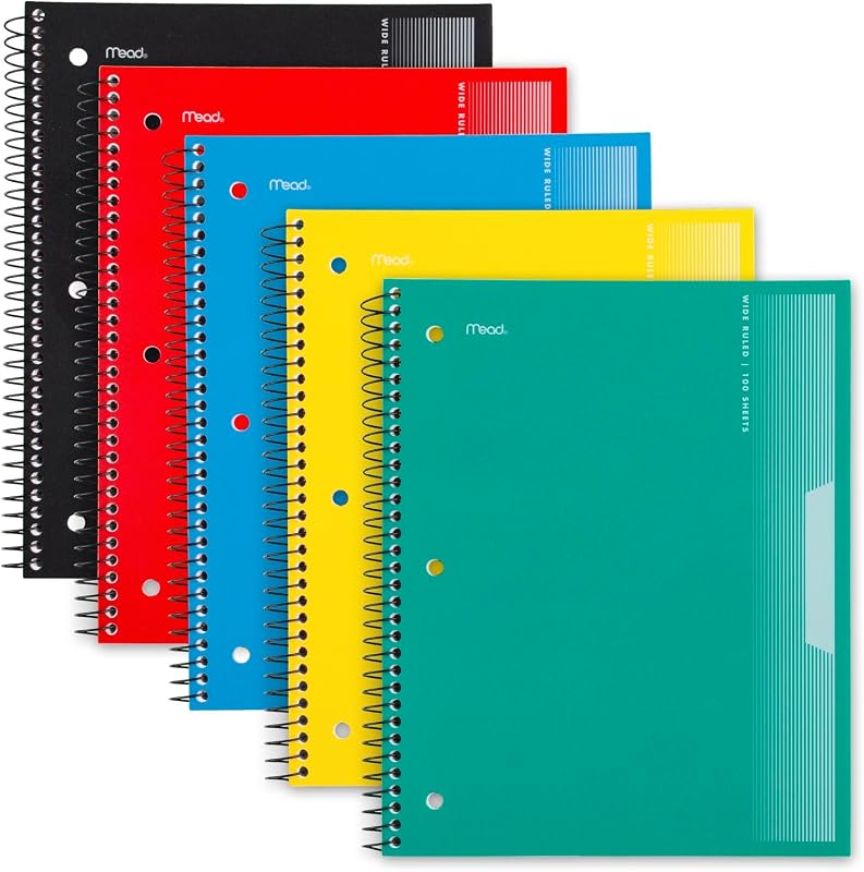 Mead Spiral Notebooks, 1 Subject, Wide Ruled Paper, 8" x 10-1/2", 100 Sheets, Assorted Colors, 5 Pack (930093)