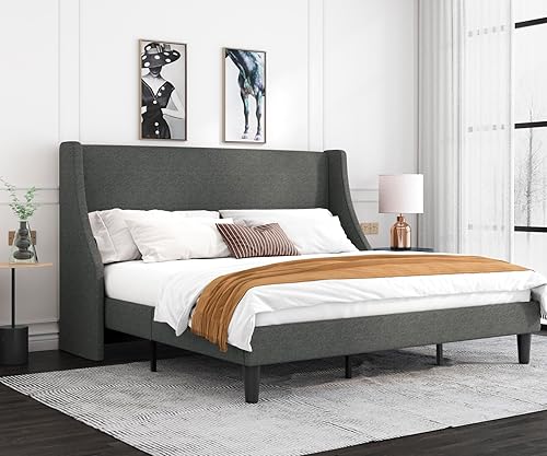 Miniatura 36 de Allewie Marco de cama de plataforma moderna, tamaño queen con respaldo de orejas, tapizado, con cabecera, soporte de listones de madera, base de